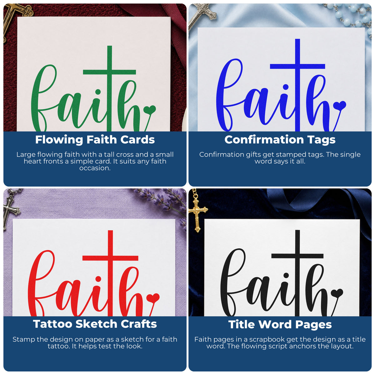 Four ways to use the PSI Pre-Inked Faith Script Cross Heart Stamp: flowing faith cards, confirmation tags, tattoo sketch crafts and title word pages.