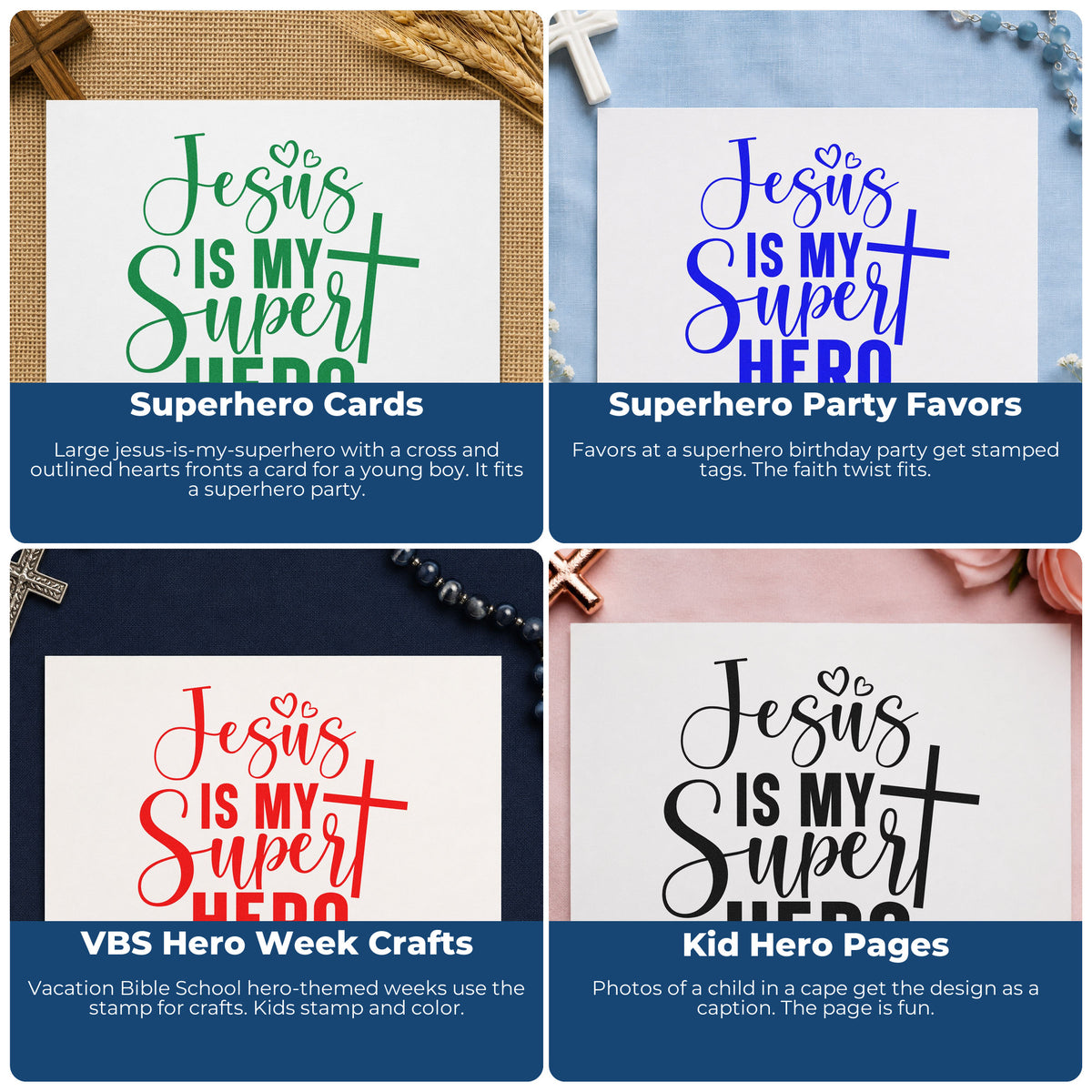 Four ways to use the Jesus Is My Superhero With Cross Pre-Inked Stamp – PSI: superhero cards, superhero party favors, vbs hero week crafts and kid hero pages.