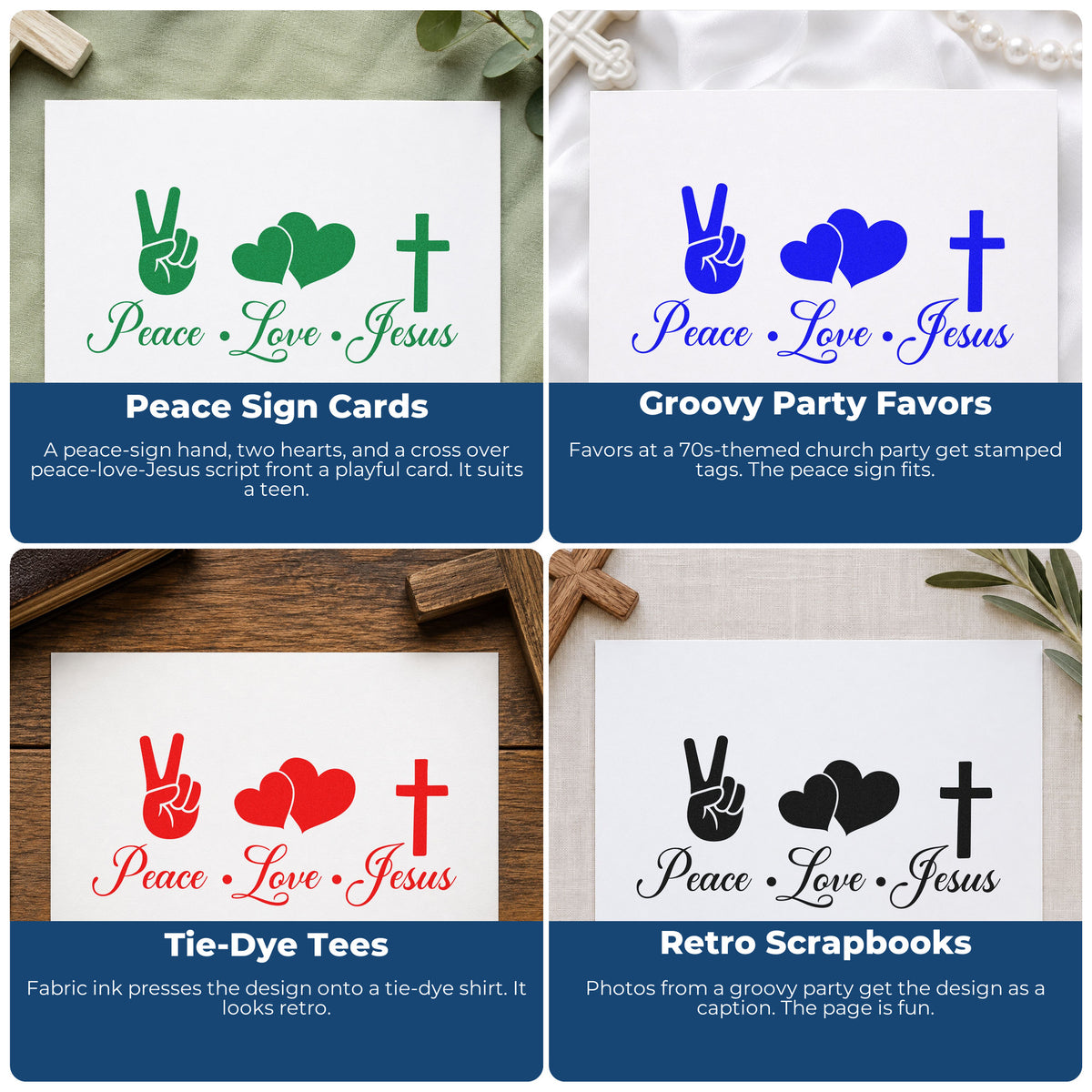 Four ways to use the Peace, Love, Jesus With Cross Premium Wooden Stamp - Vintage Pro: peace sign cards, groovy party favors, tie-dye tees and retro scrapbooks.