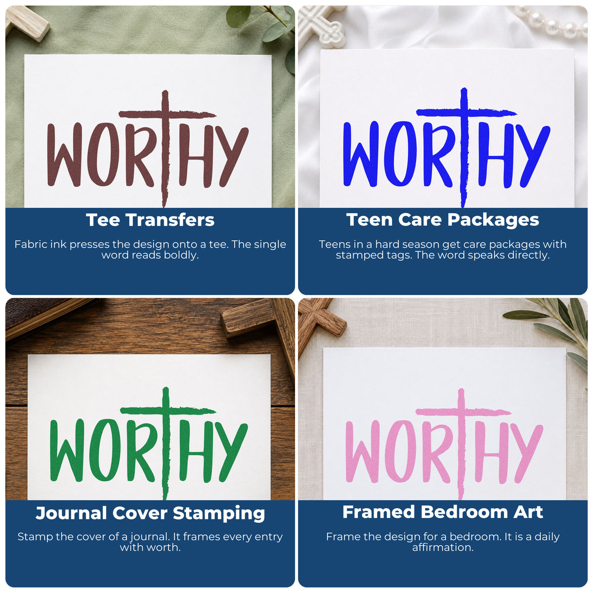 Four ways to use the Worthy Cross Hand Stamp – Duo: tee transfers, teen care packages, journal cover stamping and framed bedroom art.