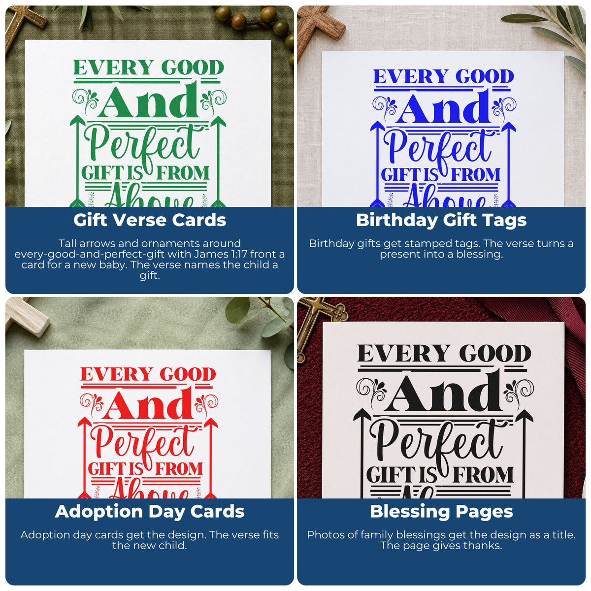 Four ways to use the Every Good Gift Arrow Frame Rubber Stamp – Wood Handle: gift verse cards, birthday gift tags, adoption day cards and blessing pages.