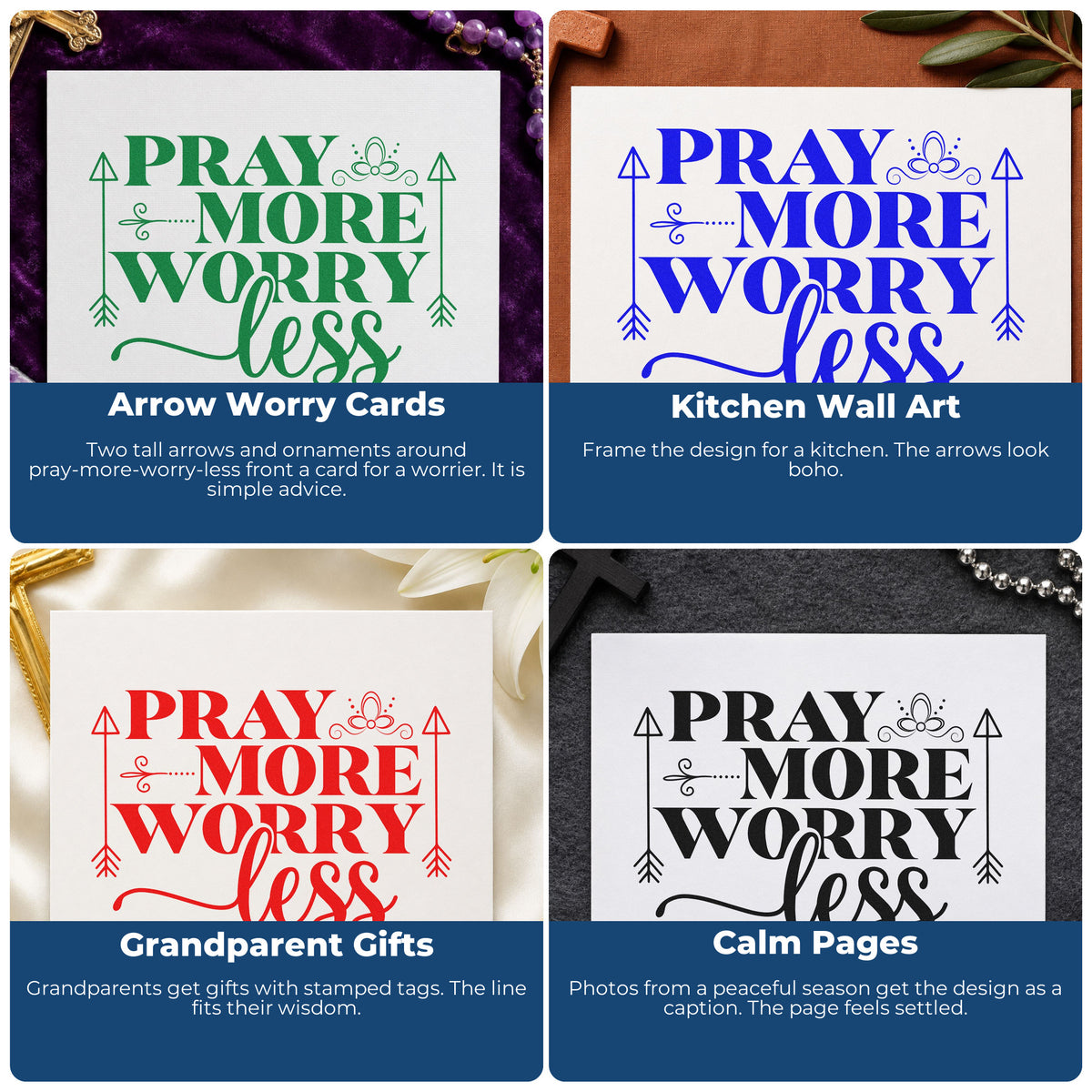 Four ways to use the Pray More Worry Less Arrows Ornaments Rubber Stamp – Wood Handle: arrow worry cards, kitchen wall art, grandparent gifts and calm pages.