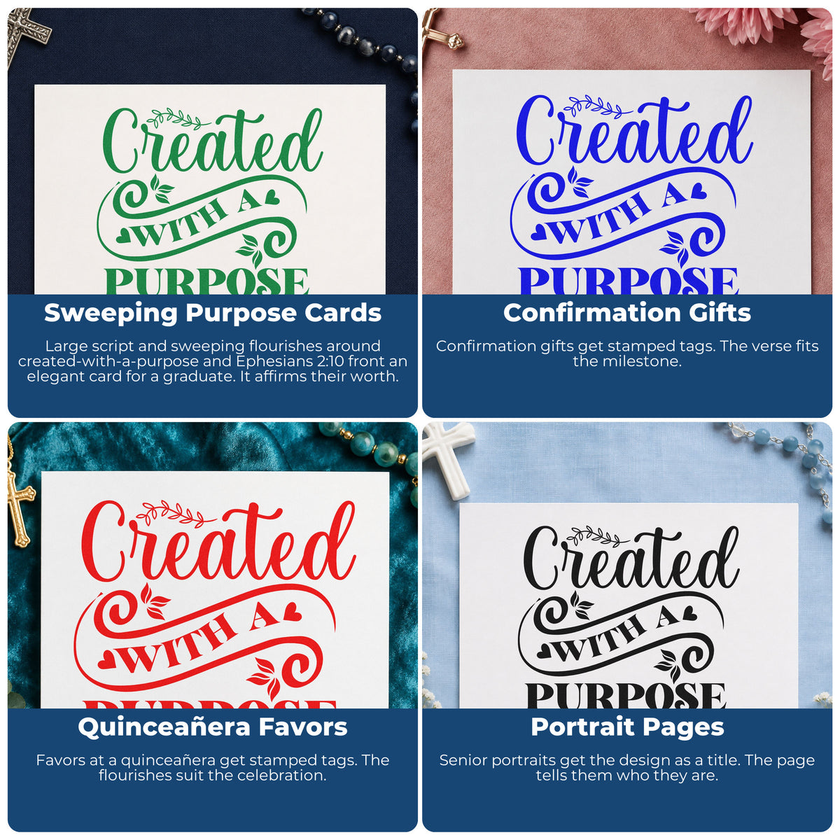 Four ways to use the Created With A Purpose Flourish Detail Rubber Stamp – Duo Hand: sweeping purpose cards, confirmation gifts, quinceañera favors and portrait pages.
