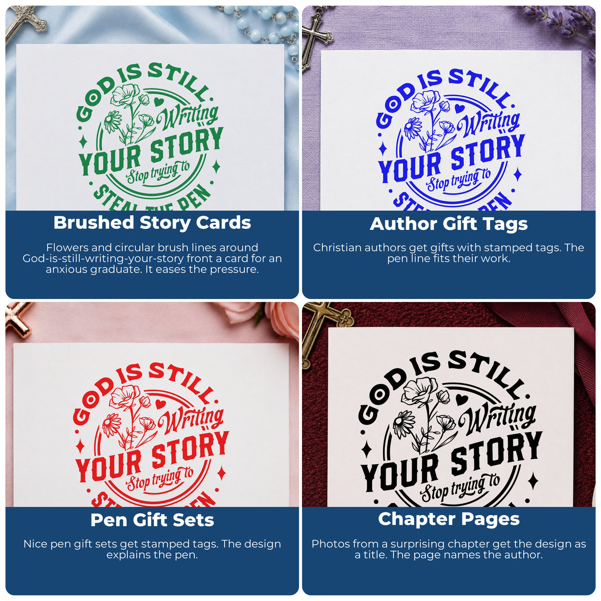 Four ways to use the God Is Writing Your Story Flowers Rubber Stamp – Duo Hand: brushed story cards, author gift tags, pen gift sets and chapter pages.