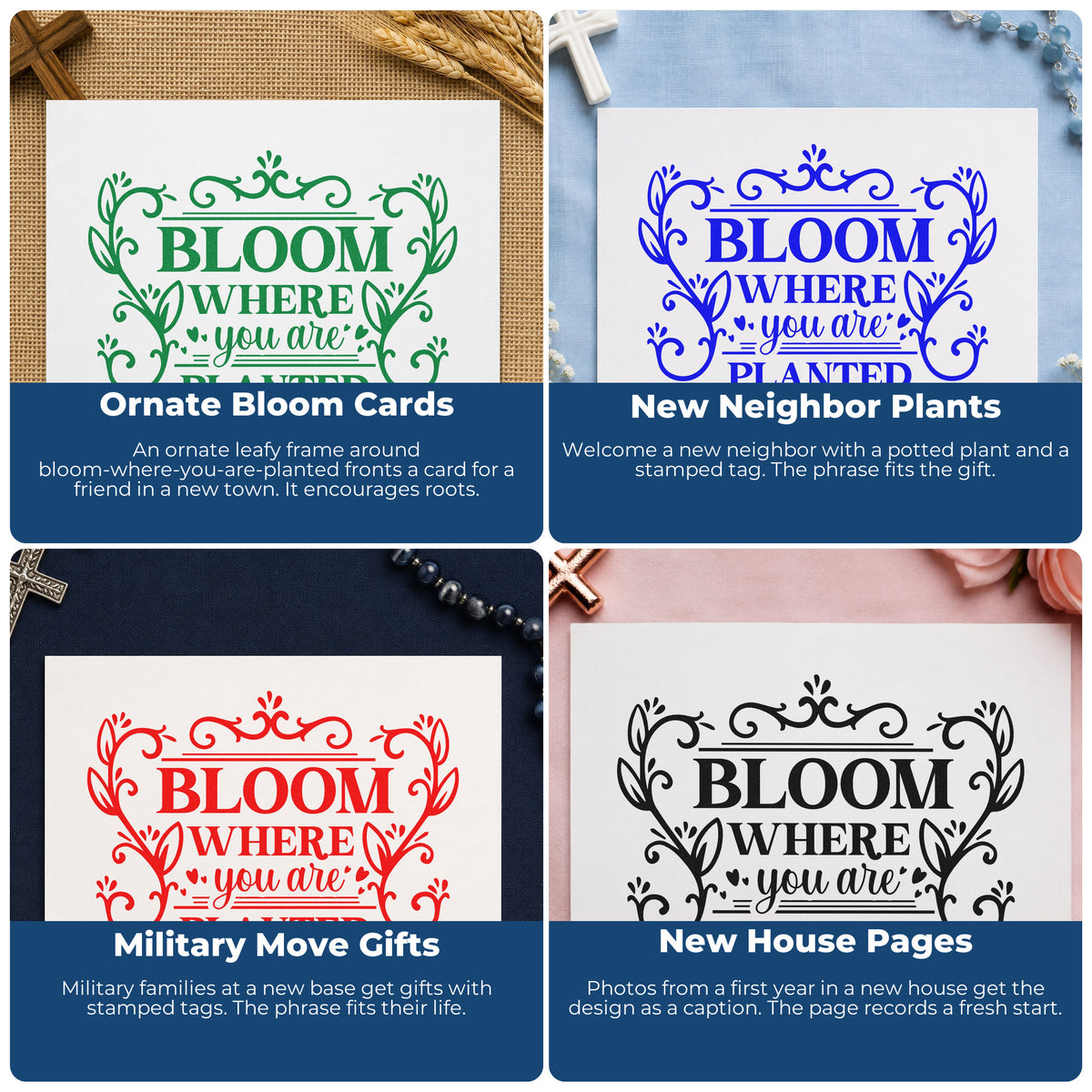 Four ways to use the Bloom Where Planted Ornamental Leaf Accents Pre-Inked Stamp – PSI: ornate bloom cards, new neighbor plants, military move gifts and new house pages.