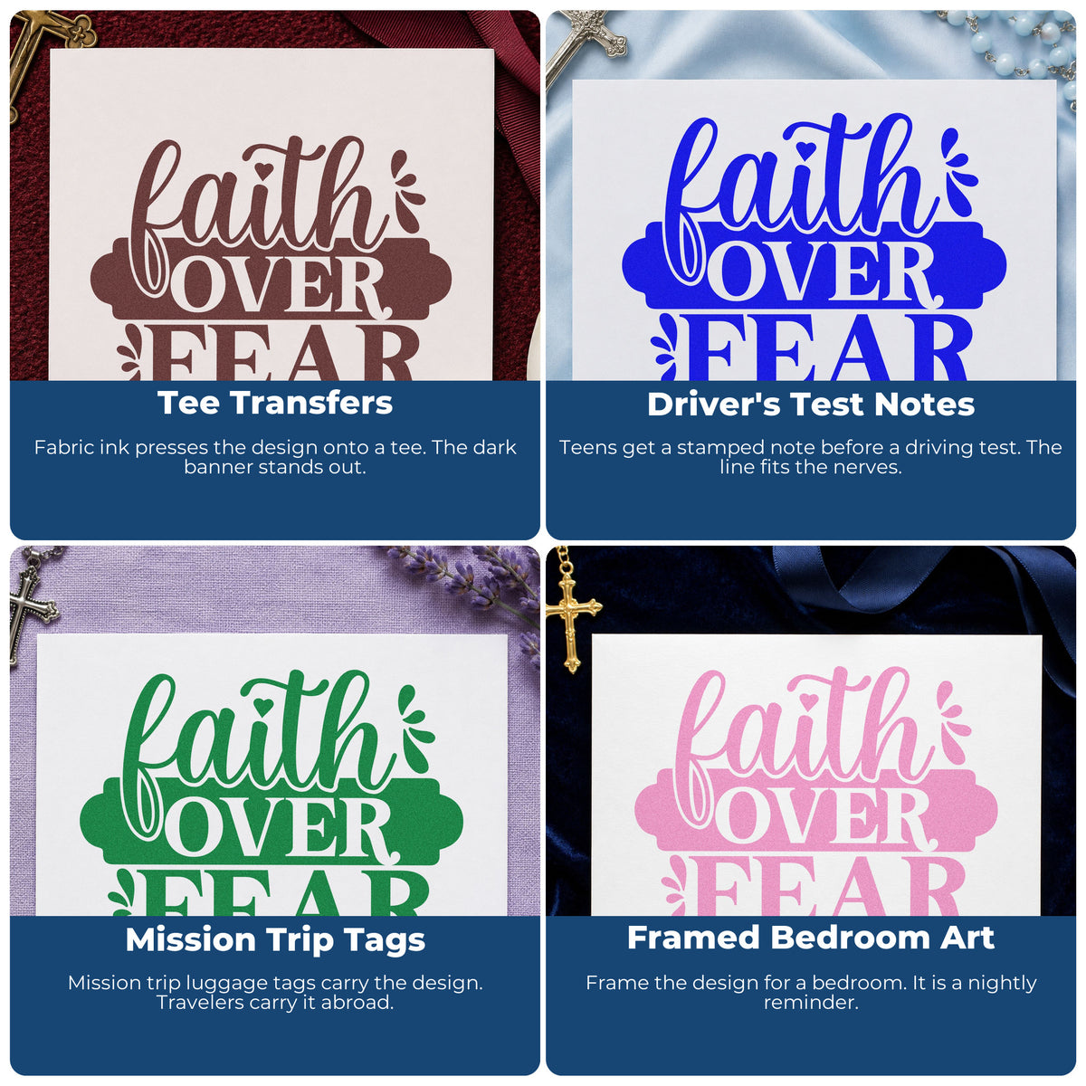 Four ways to use the Faith Over Fear Banner Script Lettering Rubber Stamp – Wood Handle: tee transfers, driver's test notes, mission trip tags and framed bedroom art.