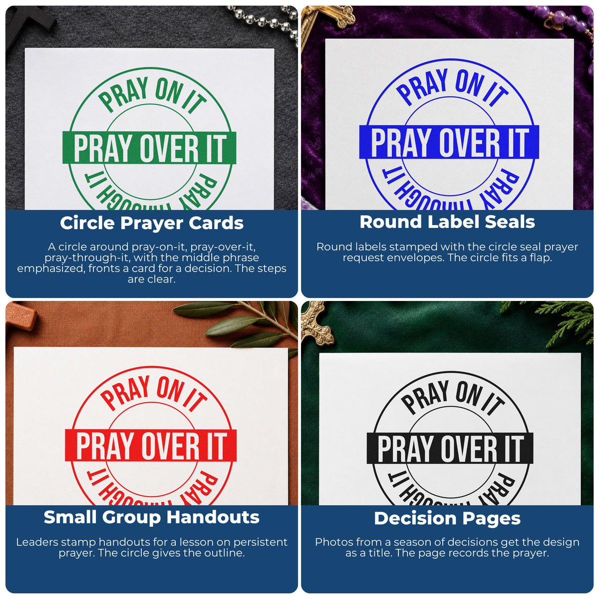 Four ways to use the Pray On Over Through Circle Premium Wooden Stamp - Vintage Pro: circle prayer cards, round label seals, small group handouts and decision pages.