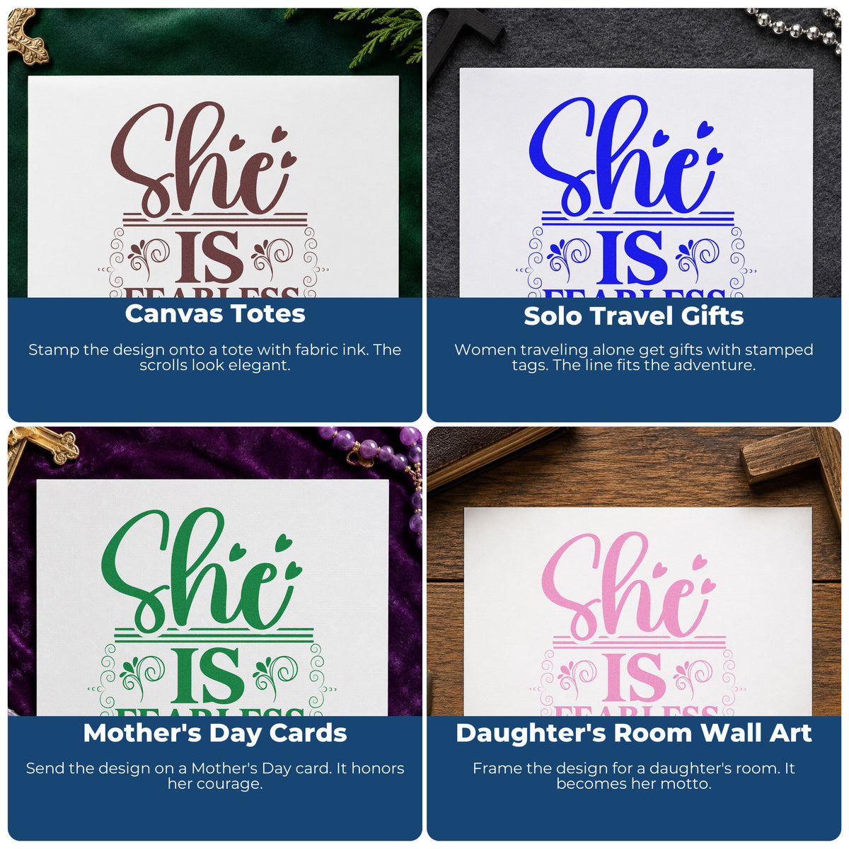 Four ways to use the She Is Fearless With Hearts Stamp – Duo Hand: canvas totes, solo travel gifts, mother's day cards and daughter's room wall art.