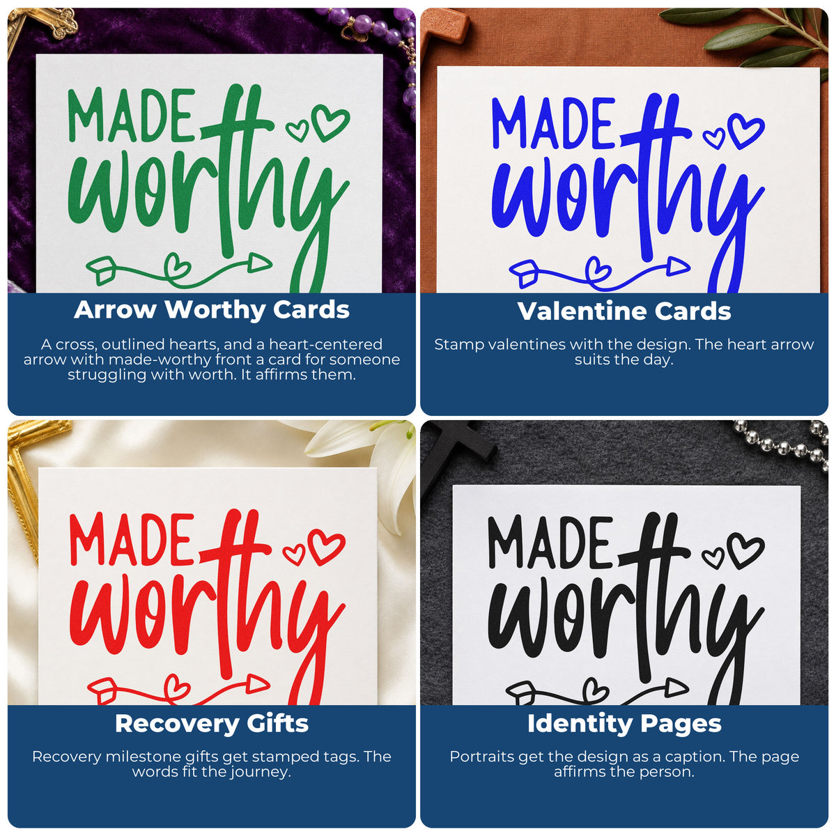 Four ways to use the Self-Inking Made Worthy With Cross Stamp: arrow worthy cards, valentine cards, recovery gifts and identity pages.