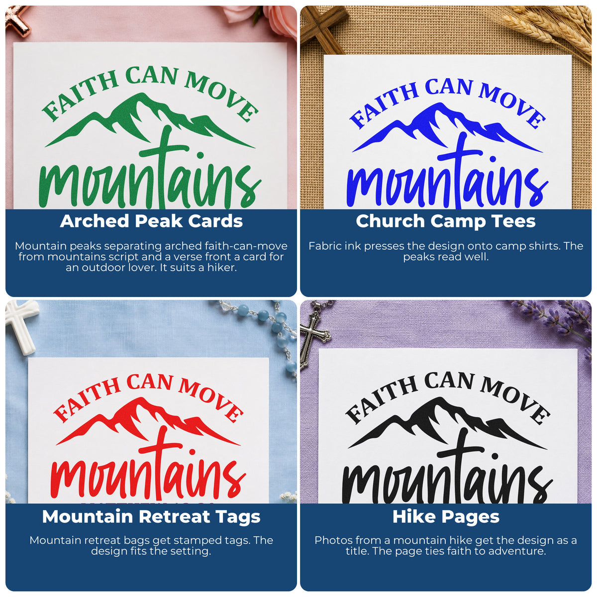 Four ways to use the Faith Moves Mountains Peaks Hand Stamp – Duo: arched peak cards, church camp tees, mountain retreat tags and hike pages.