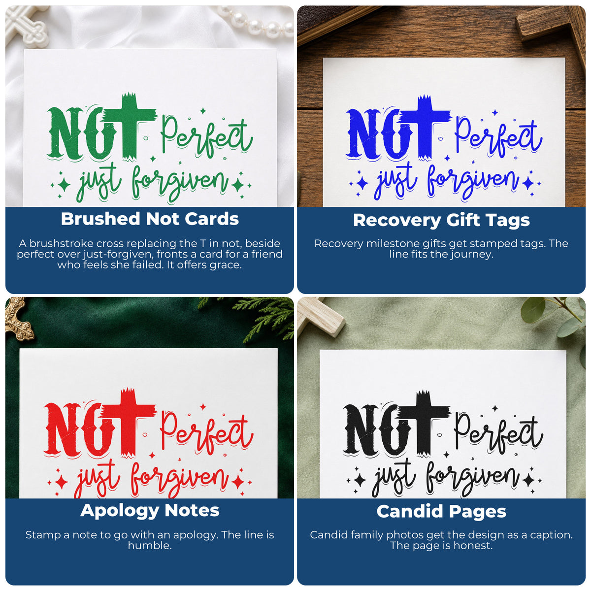 Four ways to use the Not Perfect Just Forgiven Brush Brushstroke Cross Self-Inking Stamp: brushed not cards, recovery gift tags, apology notes and candid pages.