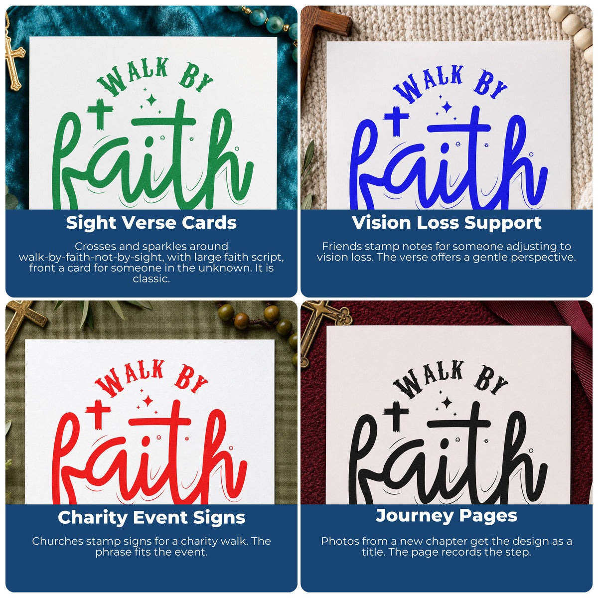 Four ways to use the Walk By Faith, Not By Sight With Cross Stamp - Premium Vintage Pro Wooden: sight verse cards, vision loss support, charity event signs and journey pages.