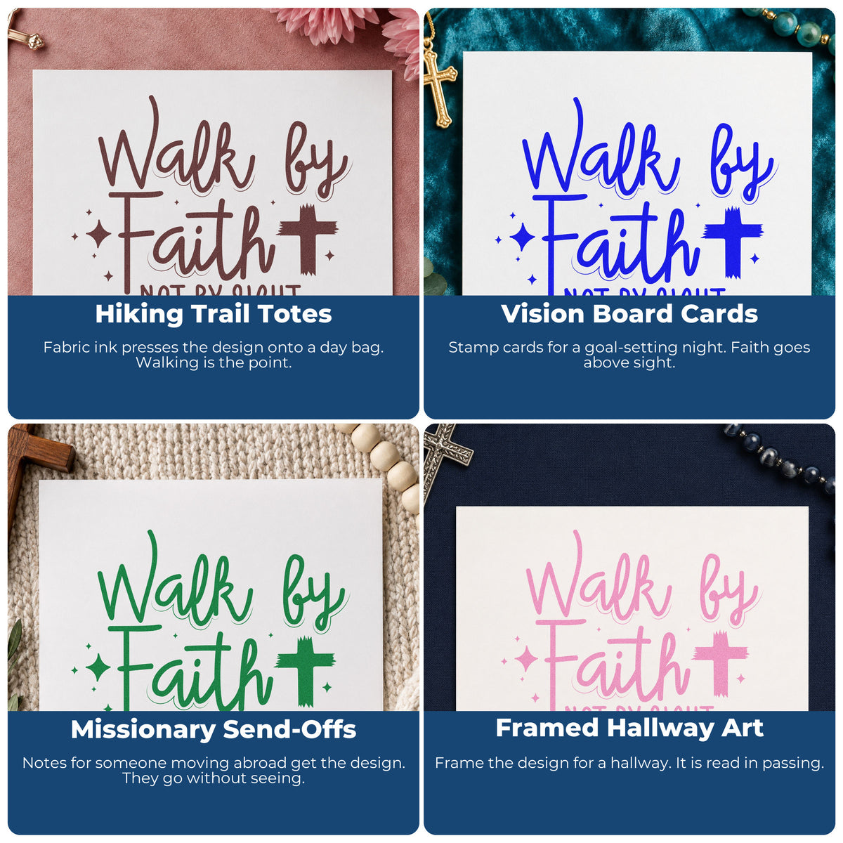 Four ways to use the Walk By Faith Cross Accent Self-Inking Craft Stamp: hiking trail totes, vision board cards, missionary send-offs and framed hallway art.