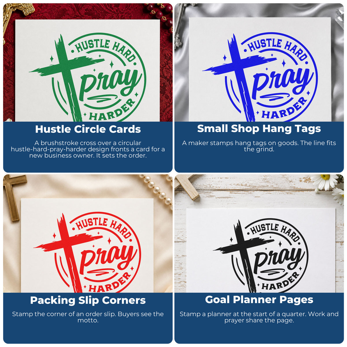 Four ways to use the Hustle Hard Pray Harder Premium Wood-Mounted Stamp - Vintage Pro: hustle circle cards, small shop hang tags, packing slip corners and goal planner pages.