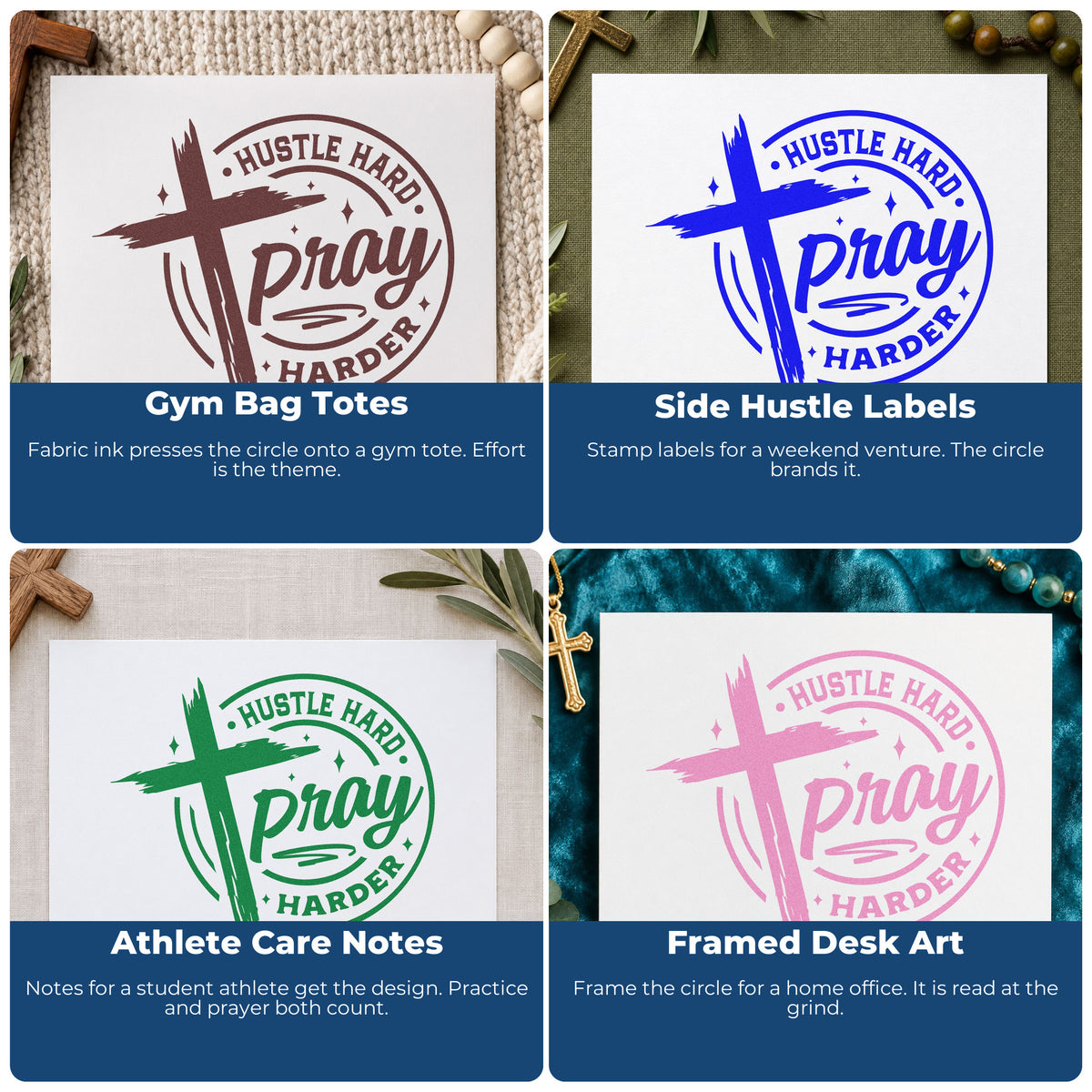 Four ways to use the Hustle Hard Pray Harder PSI Pre-Inked Stamp: gym bag totes, side hustle labels, athlete care notes and framed desk art.