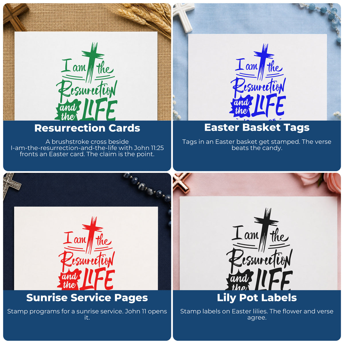 Four ways to use the I Am The Resurrection And The Life Premium Wooden Stamp - Vintage Pro: resurrection cards, easter basket tags, sunrise service pages and lily pot labels.