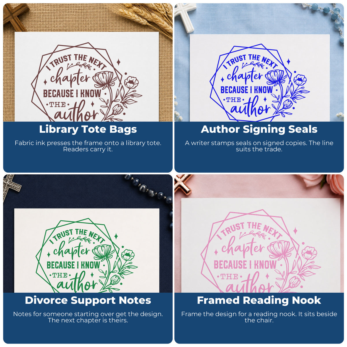 Four ways to use the Trust The Next Chapter Floral Stamp - Premium Vintage Pro Wooden: library tote bags, author signing seals, divorce support notes and framed reading nook.