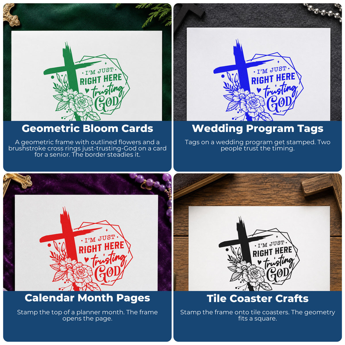Four ways to use the Trusting God Geometric Flowers Brushstroke Cross Slim Pre-Inked Stamp: geometric bloom cards, wedding program tags, calendar month pages and tile coaster crafts.