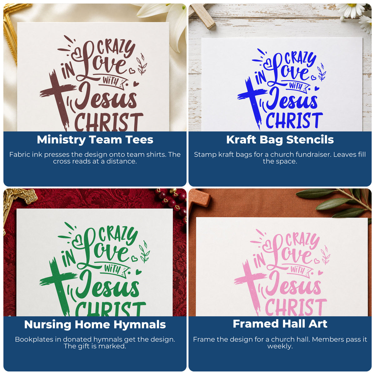 Four ways to use the Crazy In Love Cross Left Leaf Accents Compact Pre-Inked Stamp – Slim: ministry team tees, kraft bag stencils, nursing home hymnals and framed hall art.