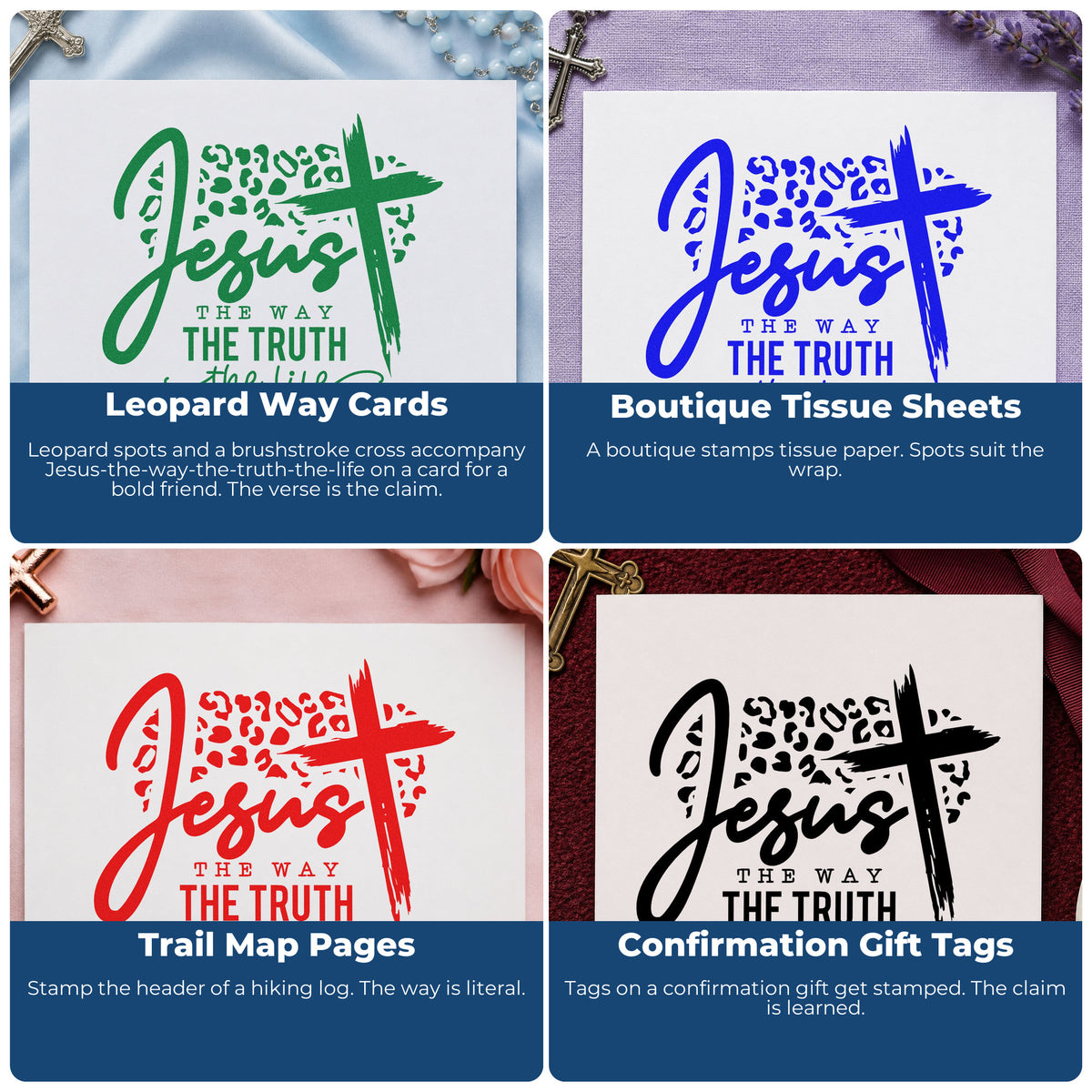 Four ways to use the Leopard Cross Jesus Way Truth Life Stamp – Self-Inking: leopard way cards, boutique tissue sheets, trail map pages and confirmation gift tags.