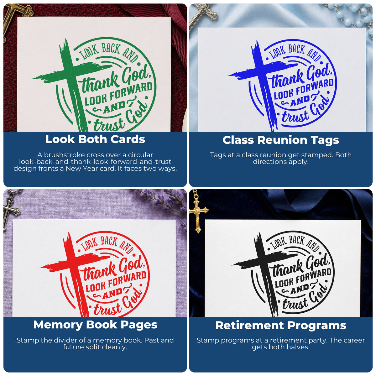 Four ways to use the PSI Pre-Inked Look Back Thank God Badge Stamp: look both cards, class reunion tags, memory book pages and retirement programs.