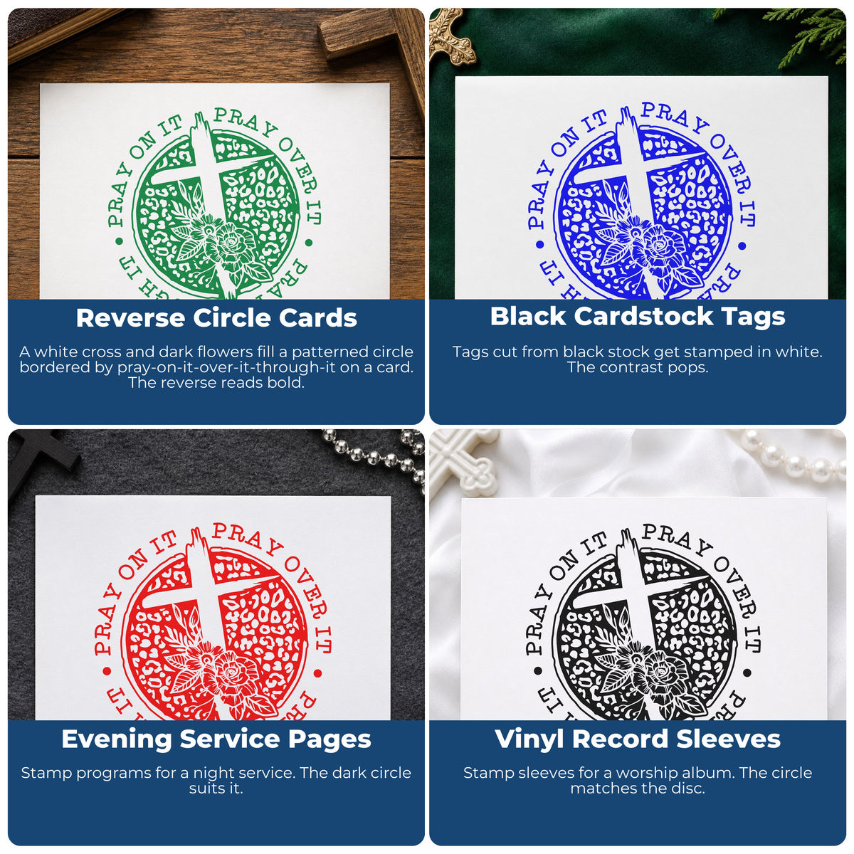 Four ways to use the Pray Solid Floral Circle Stamp – Slim Pre-Inked: reverse circle cards, black cardstock tags, evening service pages and vinyl record sleeves.