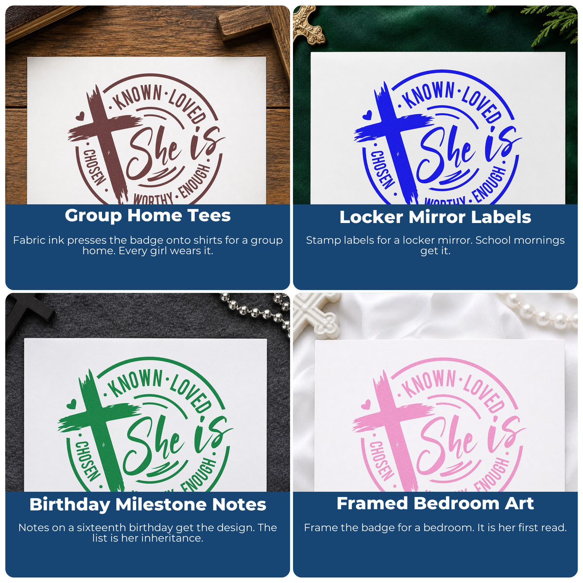 Four ways to use the She Is Known Loved Worthy Brushstroke Cross Stamp – Wood Handle: group home tees, locker mirror labels, birthday milestone notes and framed bedroom art.