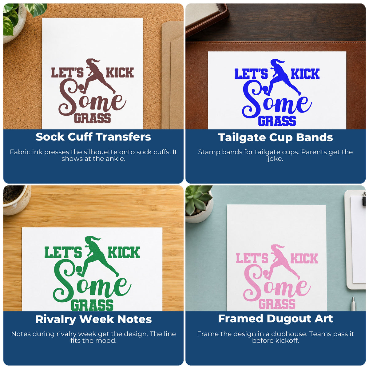 Four ways to use the Let's Kick Some Grass Pre-Inked Stamp – Slim: sock cuff transfers, tailgate cup bands, rivalry week notes and framed dugout art.