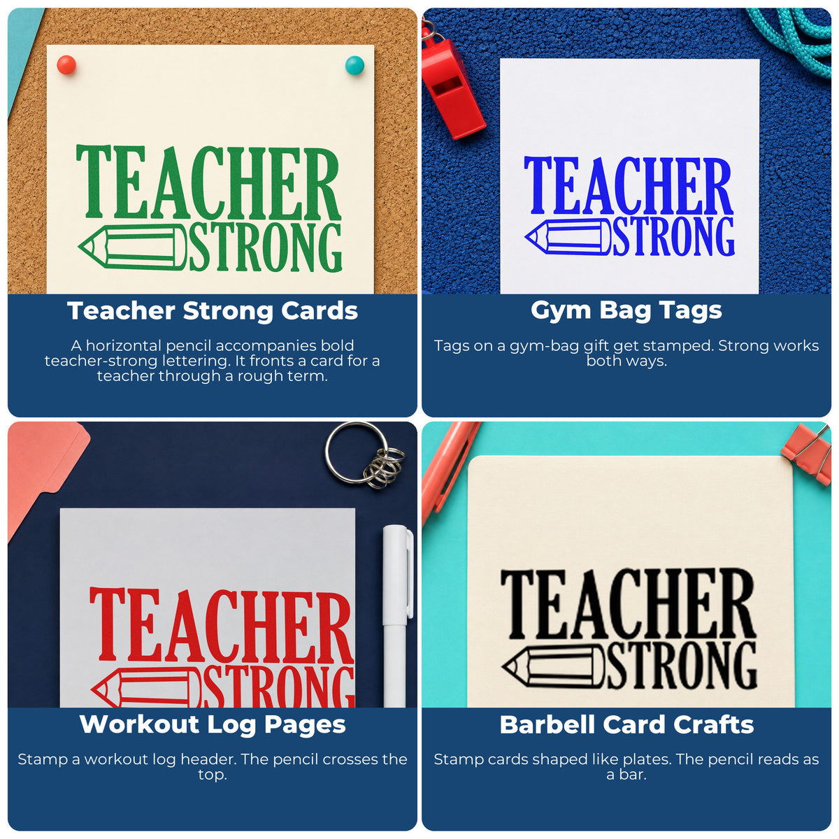 Four ways to use the Teacher Strong Pencil Lettering Pre-Inked Stamp – PSI: teacher strong cards, gym bag tags, workout log pages and barbell card crafts.