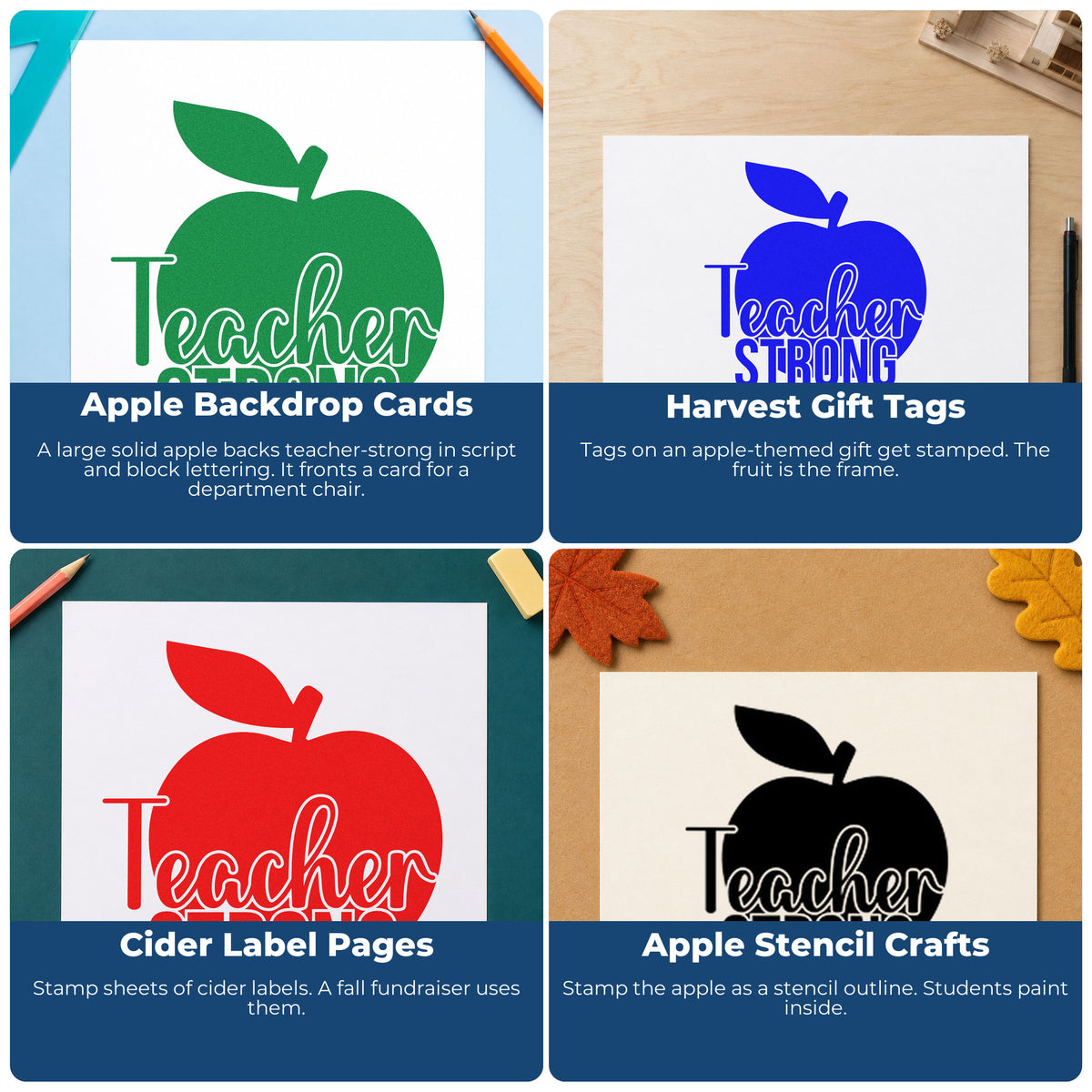 Four ways to use the Wood Handle Teacher Strong Apple Rubber Stamp: apple backdrop cards, harvest gift tags, cider label pages and apple stencil crafts.