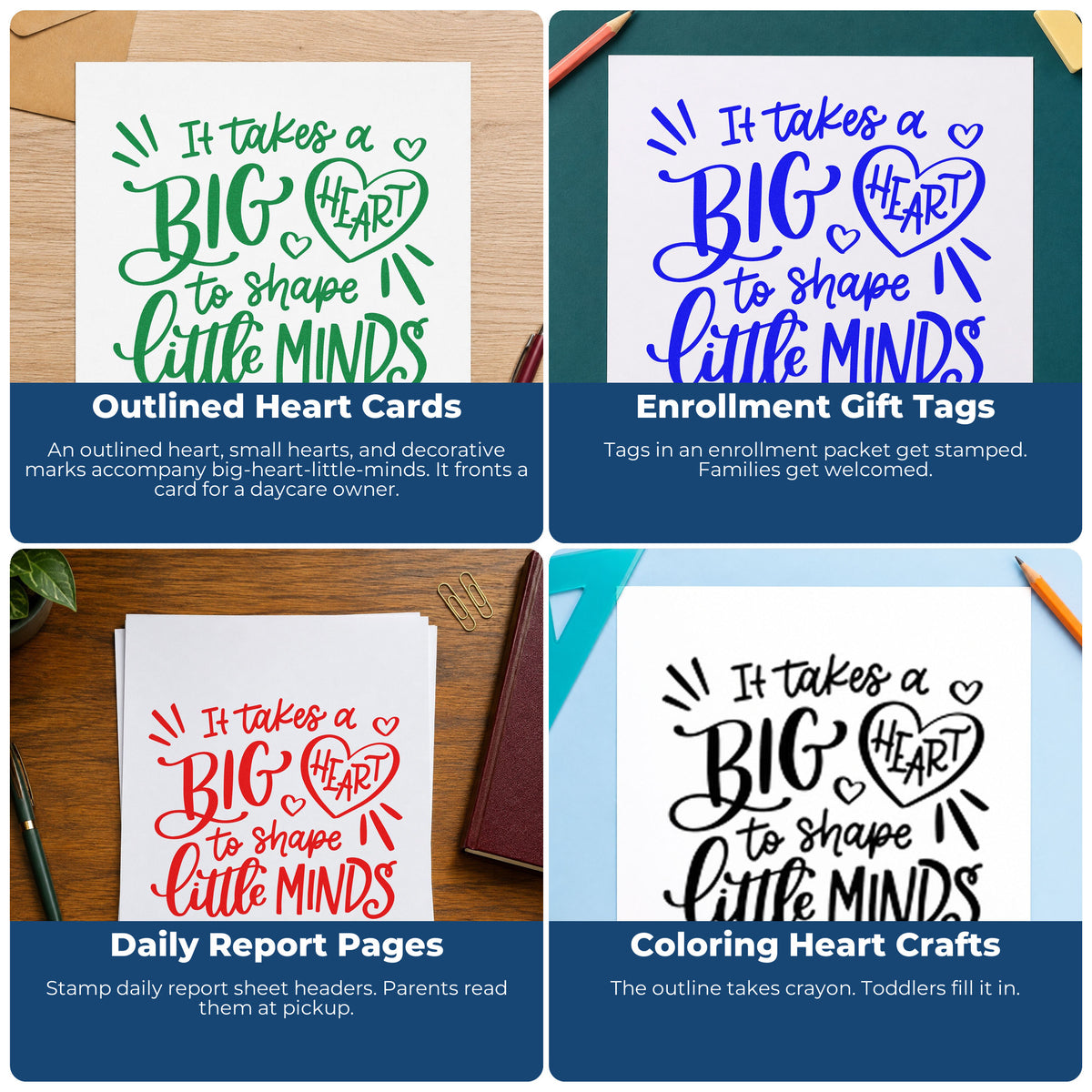 Four ways to use the It Takes A Big Heart To Shape Little Minds Premium Wood-Mounted Stamp - Vintage Pro: outlined heart cards, enrollment gift tags, daily report pages and coloring heart crafts.