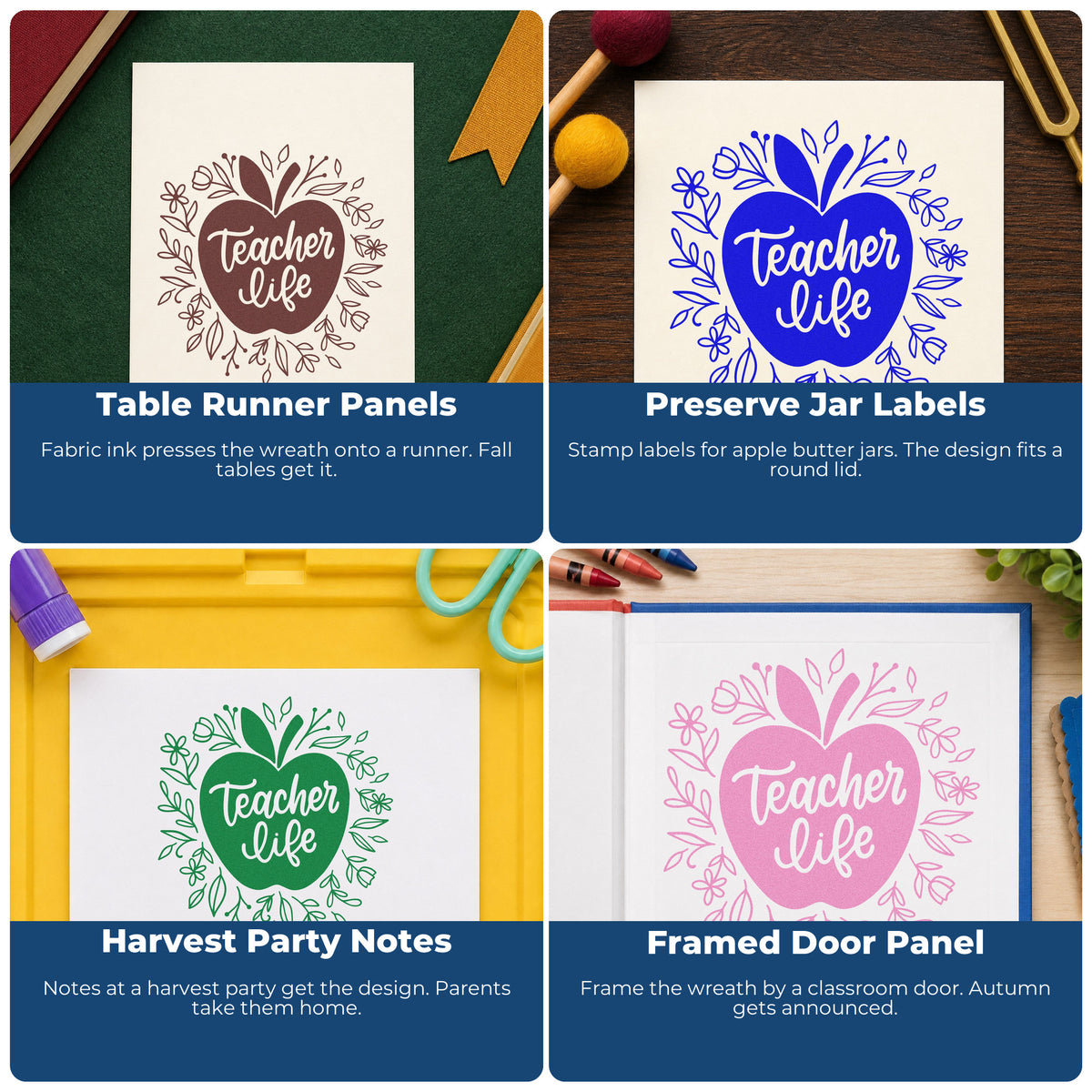 Four ways to use the Teacher Life Floral Apple Pre-Inked Stamp – Slim: table runner panels, preserve jar labels, harvest party notes and framed door panel.