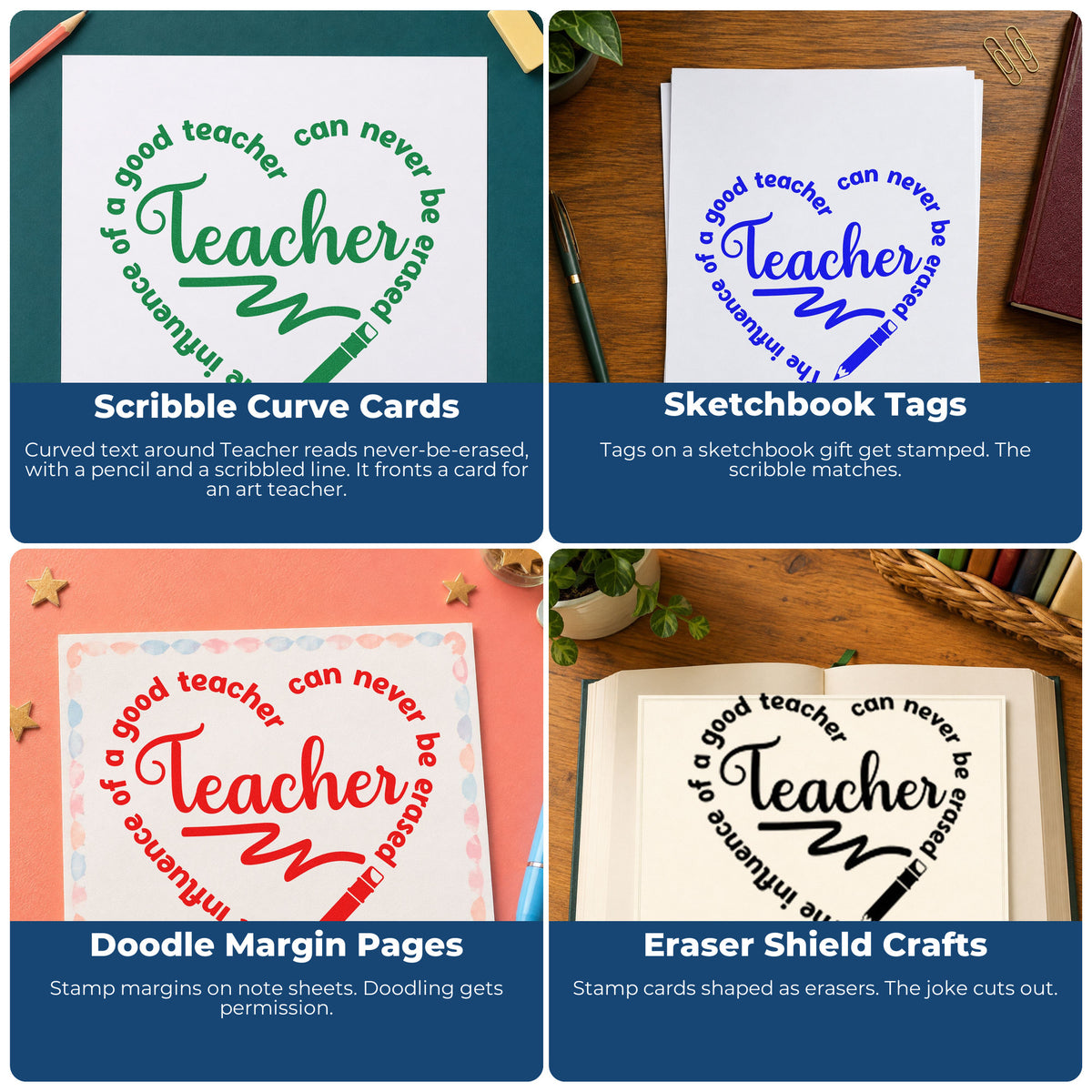 Four ways to use the Teacher Influence Pencil Circle Hand Stamp – Duo: scribble curve cards, sketchbook tags, doodle margin pages and eraser shield crafts.