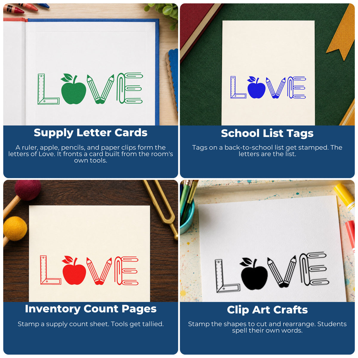 Four ways to use the Love School Supplies Apple Pre-Inked Stamp – PSI: supply letter cards, school list tags, inventory count pages and clip art crafts.
