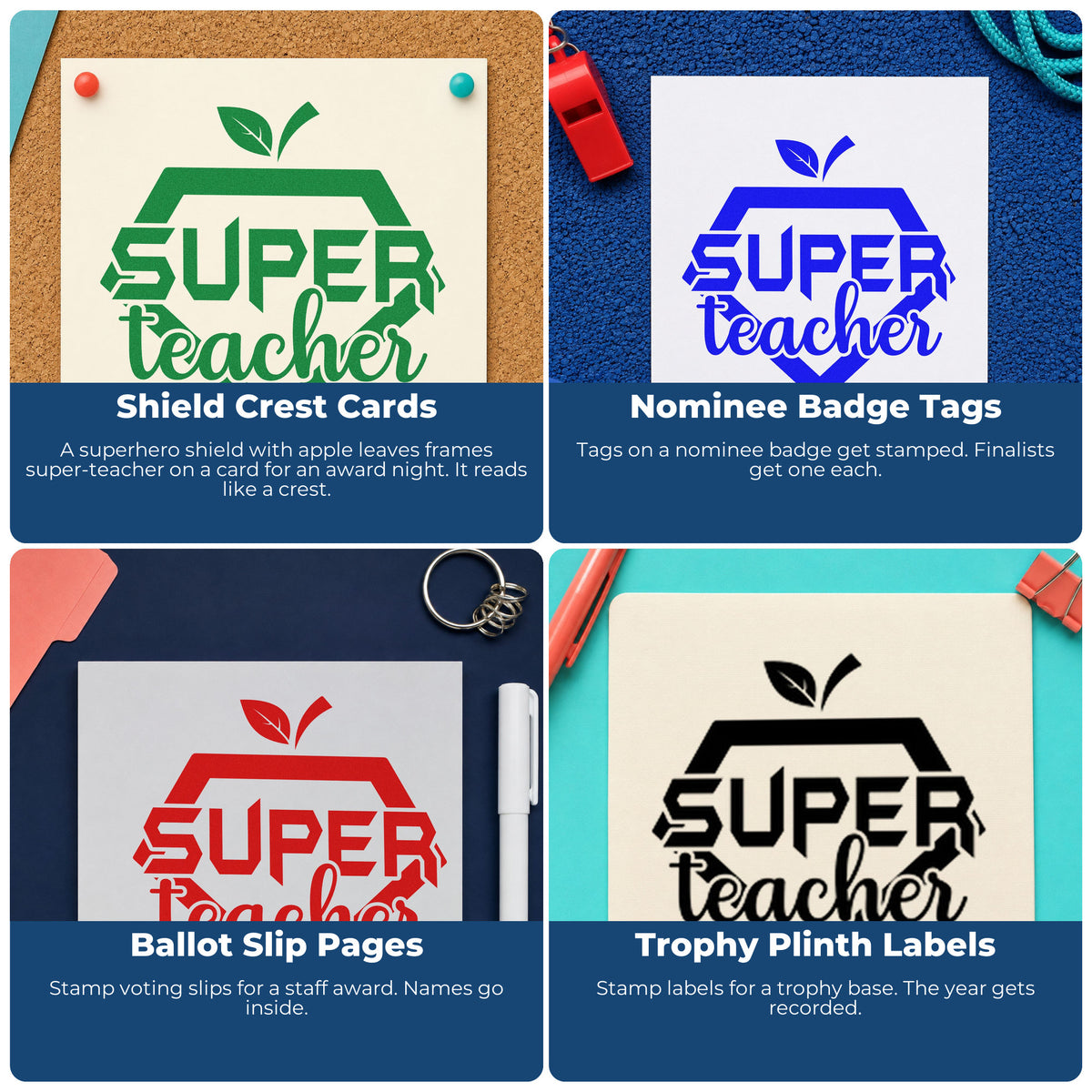 Four ways to use the Super Teacher Shield Leaf Accents Stamp - Premium Vintage Pro Wooden: shield crest cards, nominee badge tags, ballot slip pages and trophy plinth labels.
