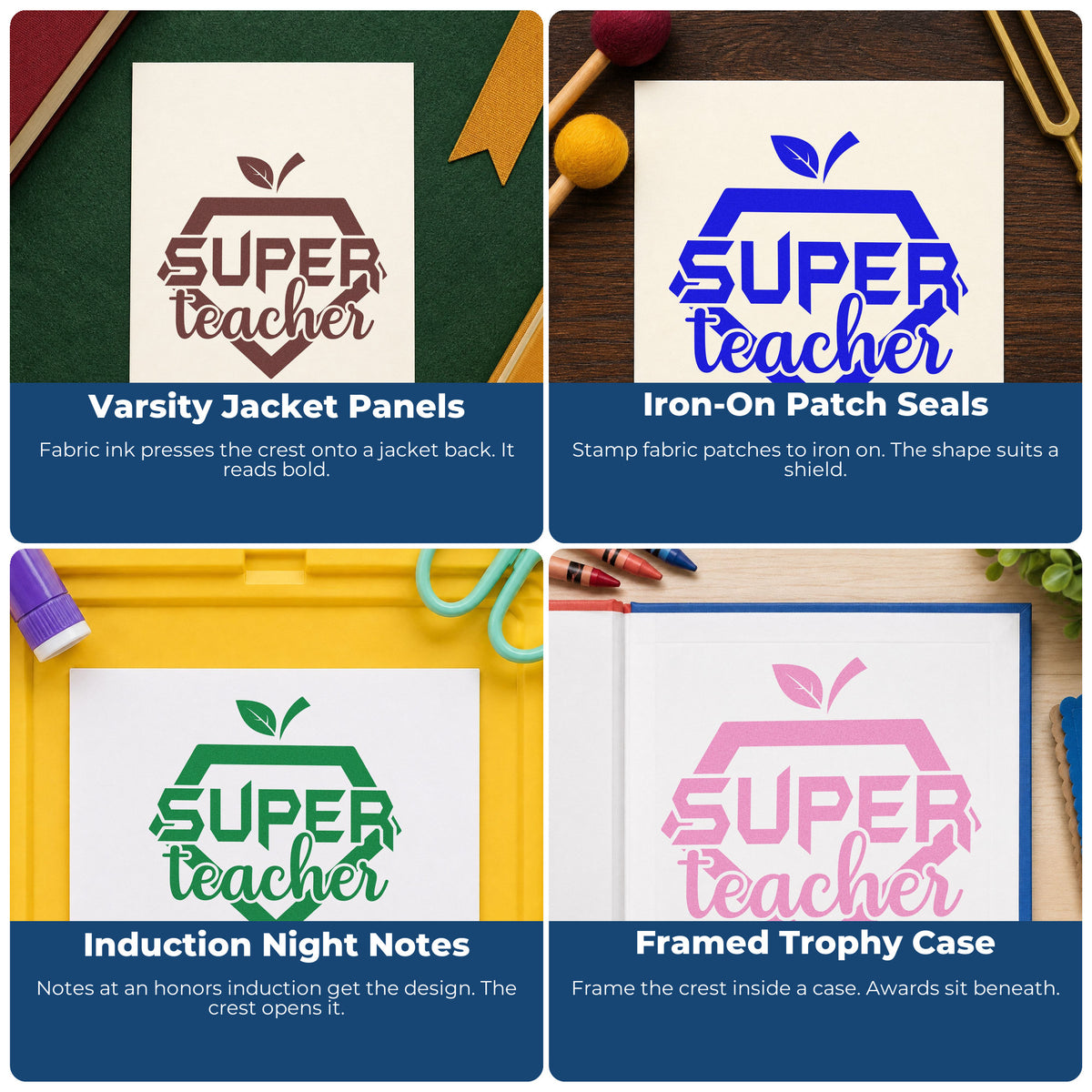 Four ways to use the Super Teacher Shield Leaf Accents Stamp – PSI Pre-Inked: varsity jacket panels, iron-on patch seals, induction night notes and framed trophy case.