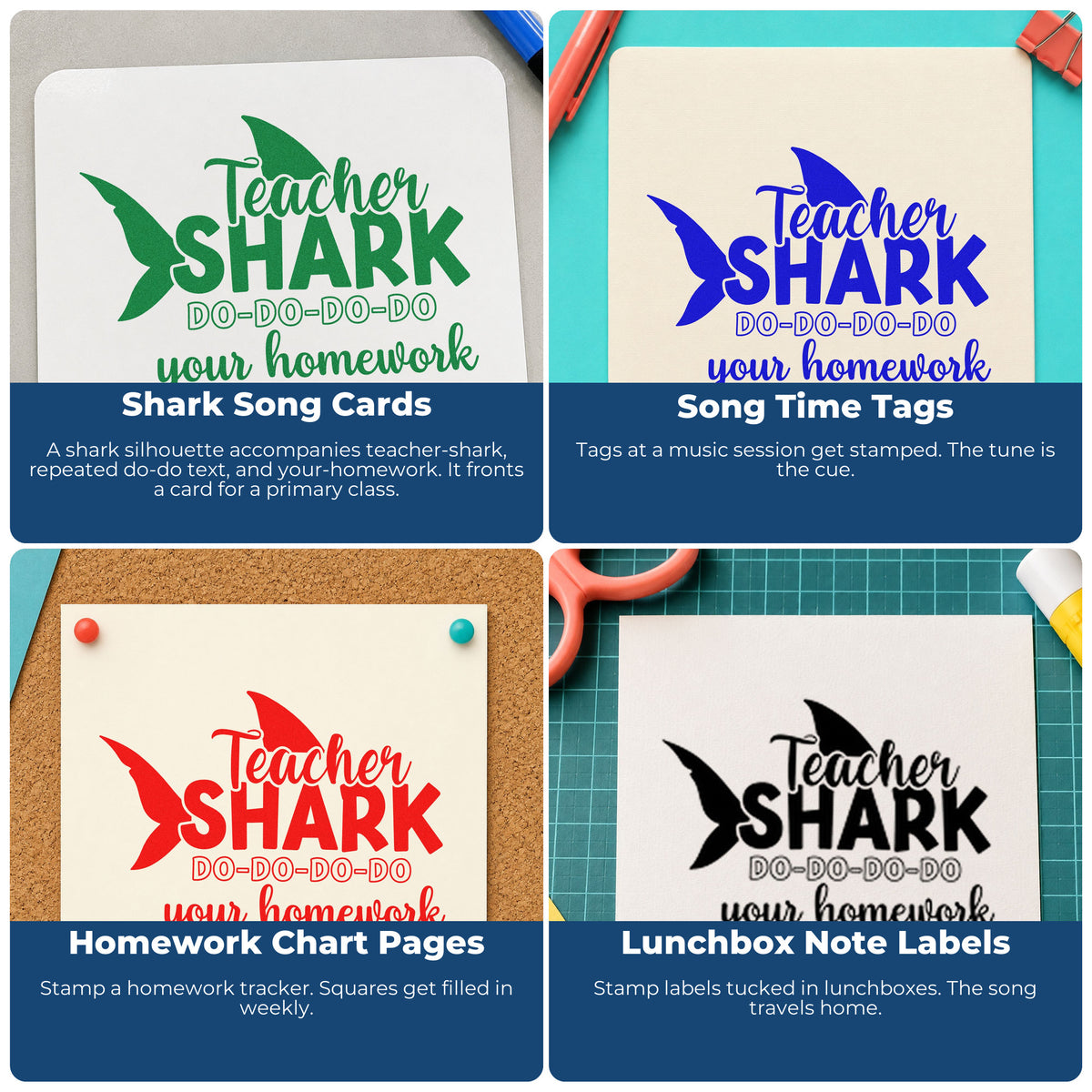 Four ways to use the Teacher Shark Homework Repeat Typography Wood Handle Stamp: shark song cards, song time tags, homework chart pages and lunchbox note labels.