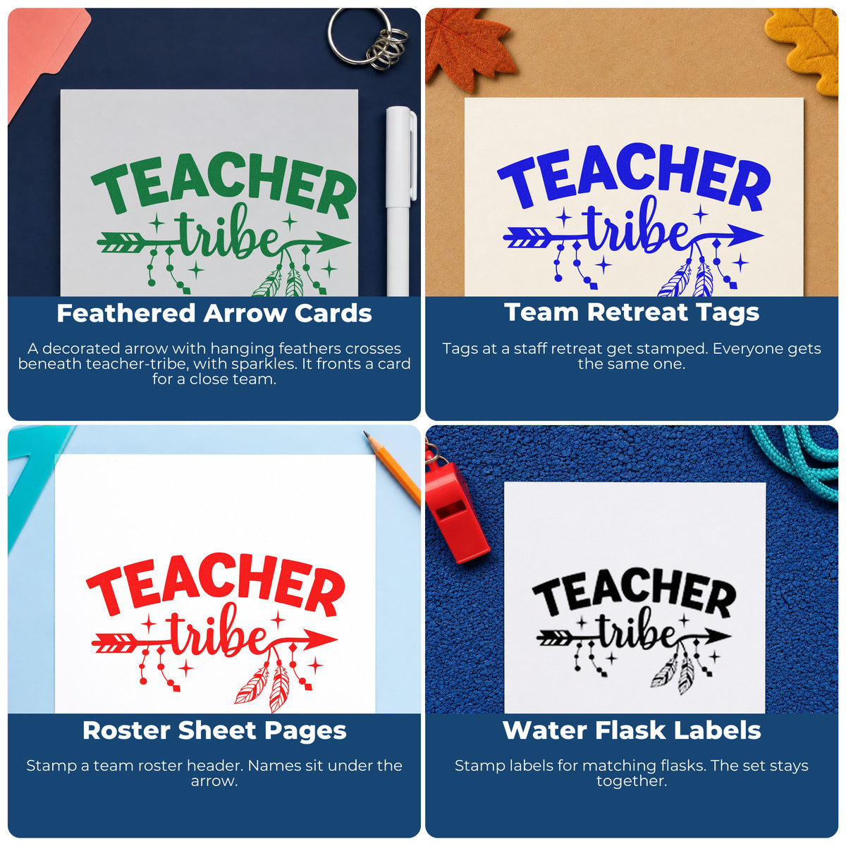 Four ways to use the Teacher Tribe Arrow Stamp – Slim Pre-Inked: feathered arrow cards, team retreat tags, roster sheet pages and water flask labels.