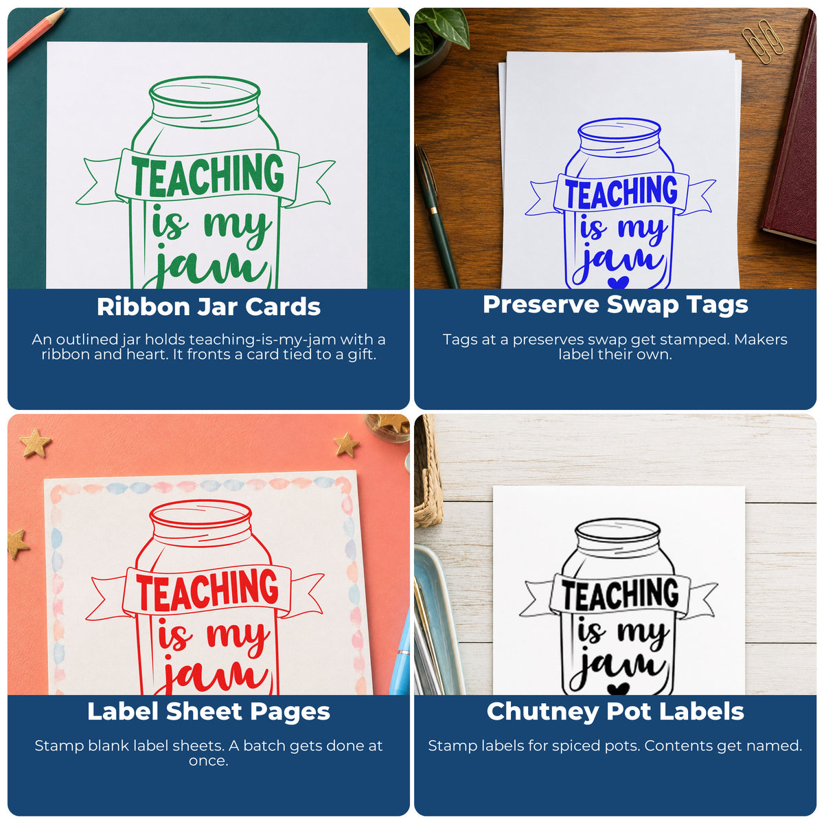 Four ways to use the Teaching Is My Jam Jar With Hearts Stamp - Premium Vintage Pro Wooden: ribbon jar cards, preserve swap tags, label sheet pages and chutney pot labels.