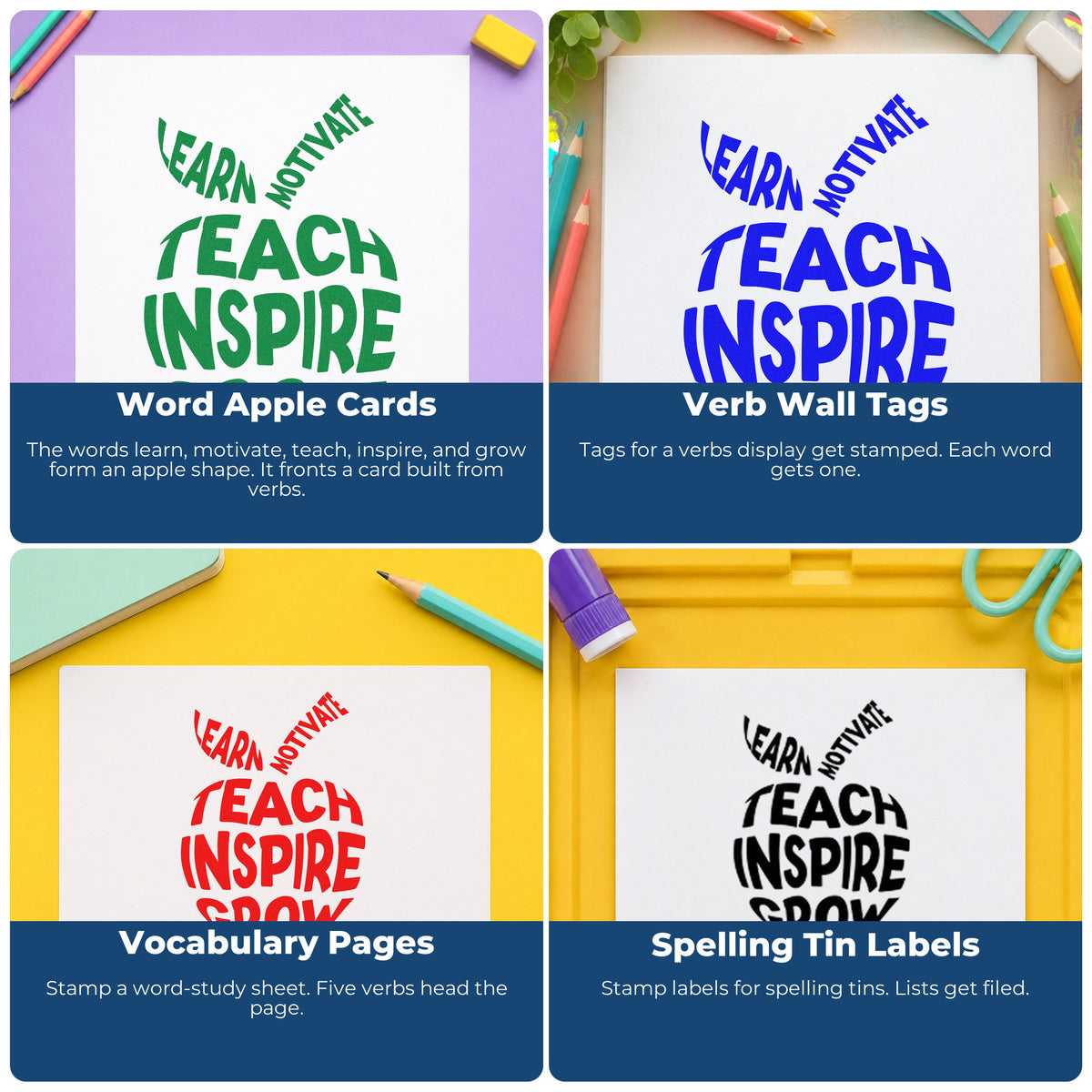 Four ways to use the Teach Inspire Grow Apple Lettering Stamp – Wood Handle: word apple cards, verb wall tags, vocabulary pages and spelling tin labels.