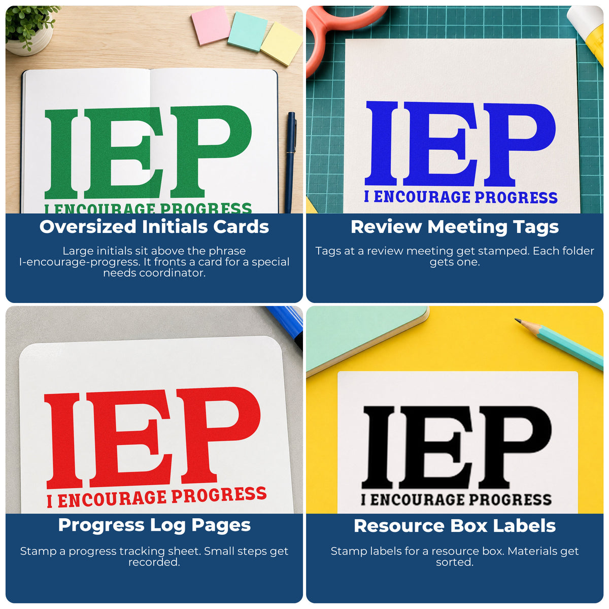 Four ways to use the IEP I Encourage Progress Pre-Inked Stamp – PSI: oversized initials cards, review meeting tags, progress log pages and resource box labels.