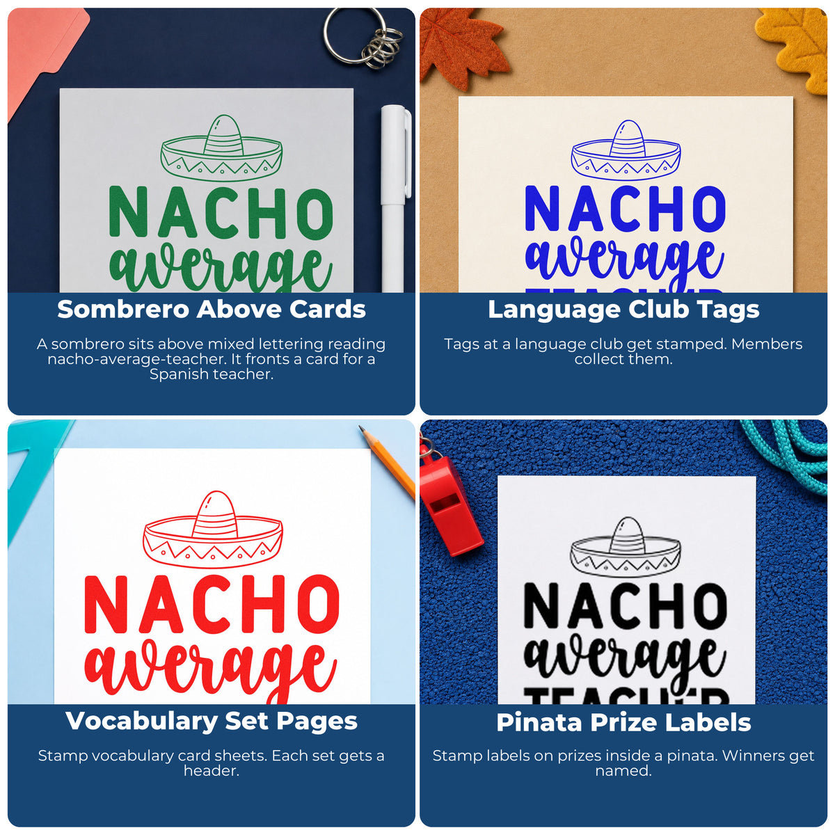 Four ways to use the Nacho Average Teacher Sombrero Hand Stamp – Duo: sombrero above cards, language club tags, vocabulary set pages and pinata prize labels.