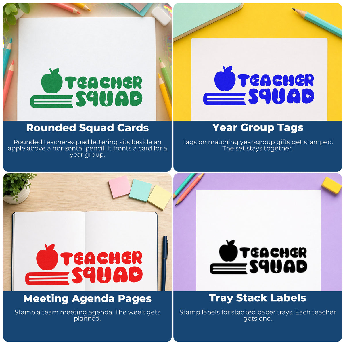 Four ways to use the Teacher Squad Apple Pencil Lettering Pre-Inked Stamp – PSI: rounded squad cards, year group tags, meeting agenda pages and tray stack labels.