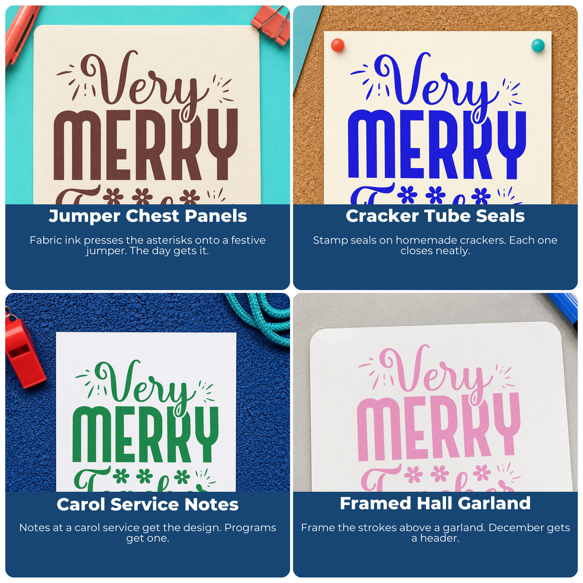 Four ways to use the Very Merry Teacher Lettering Premium Wood-Mounted Stamp - Vintage Pro: jumper chest panels, cracker tube seals, carol service notes and framed hall garland.