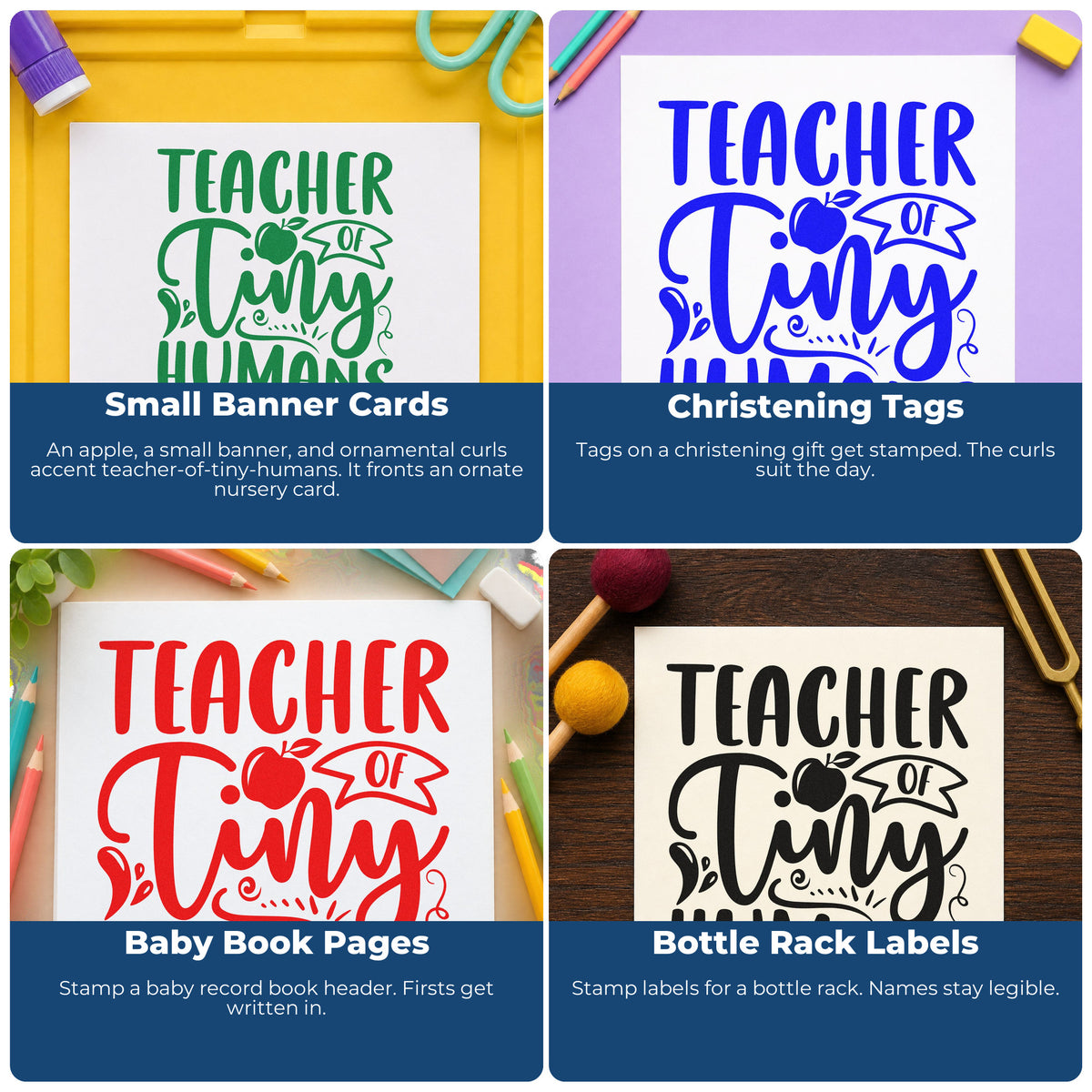 Four ways to use the Teacher Of Tiny Humans Apple Ribbon Lettering Stamp - Premium Vintage Pro Wooden: small banner cards, christening tags, baby book pages and bottle rack labels.