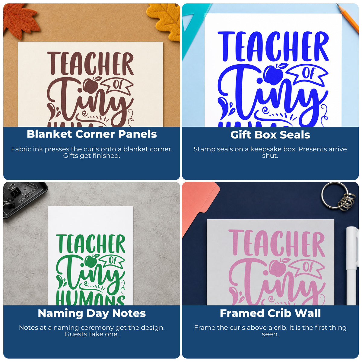 Four ways to use the Teacher Of Tiny Humans Apple Ribbon Lettering Rubber Stamp – Duo Hand: blanket corner panels, gift box seals, naming day notes and framed crib wall.