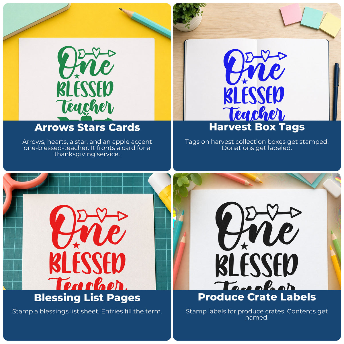 Four ways to use the One Blessed Teacher Arrows Apple Stamp – PSI Pre-Inked: arrows stars cards, harvest box tags, blessing list pages and produce crate labels.