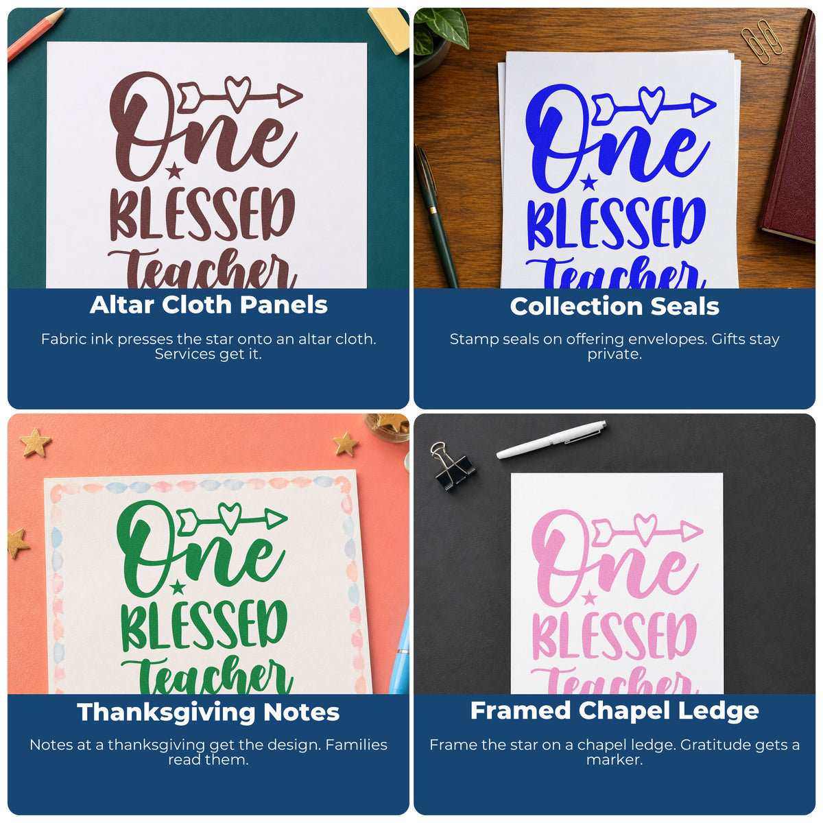 Four ways to use the Duo Hand One Blessed Teacher Arrows Apple Rubber Stamp: altar cloth panels, collection seals, thanksgiving notes and framed chapel ledge.