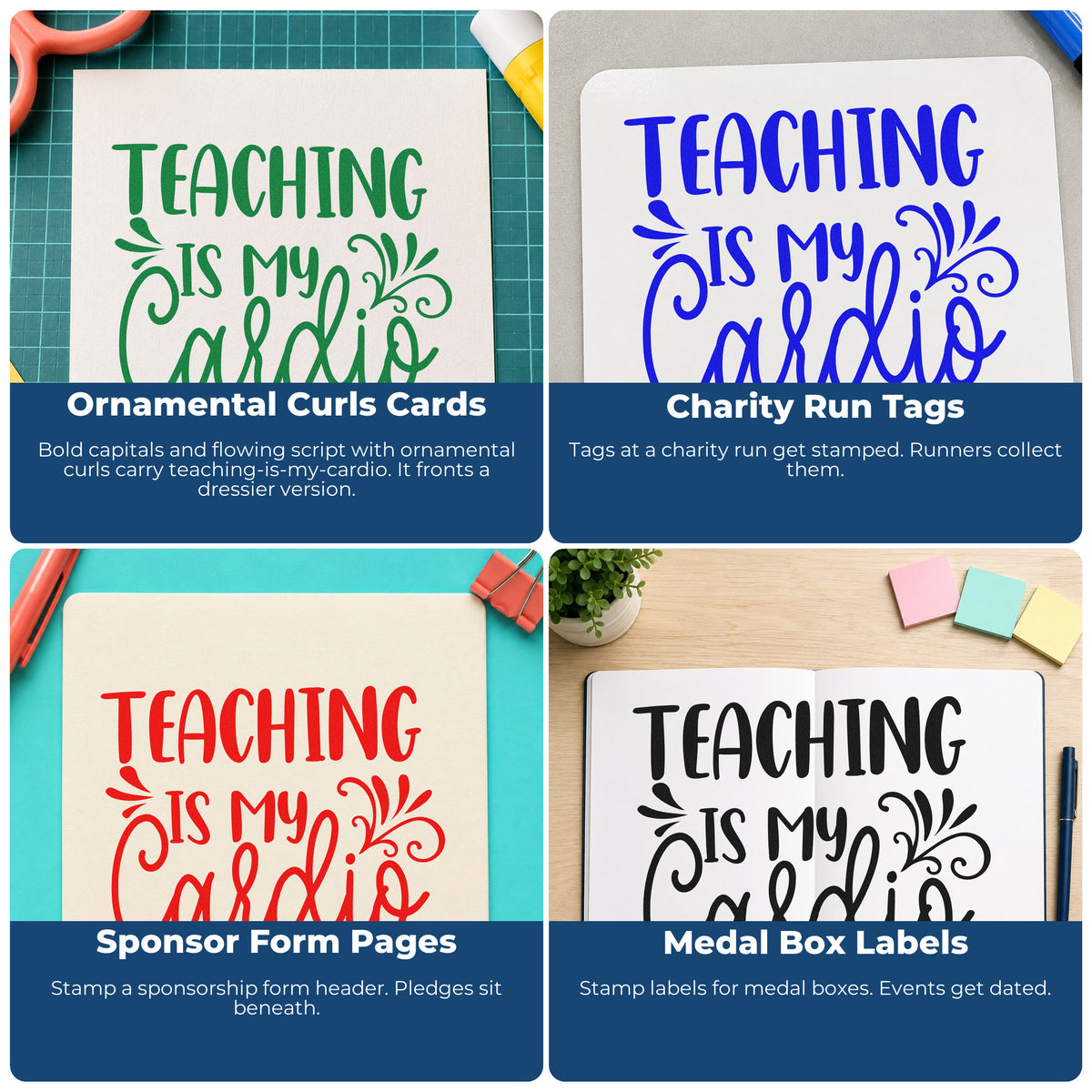 Four ways to use the Teaching Is My Cardio Flourishes Stamp – Self-Inking: ornamental curls cards, charity run tags, sponsor form pages and medal box labels.