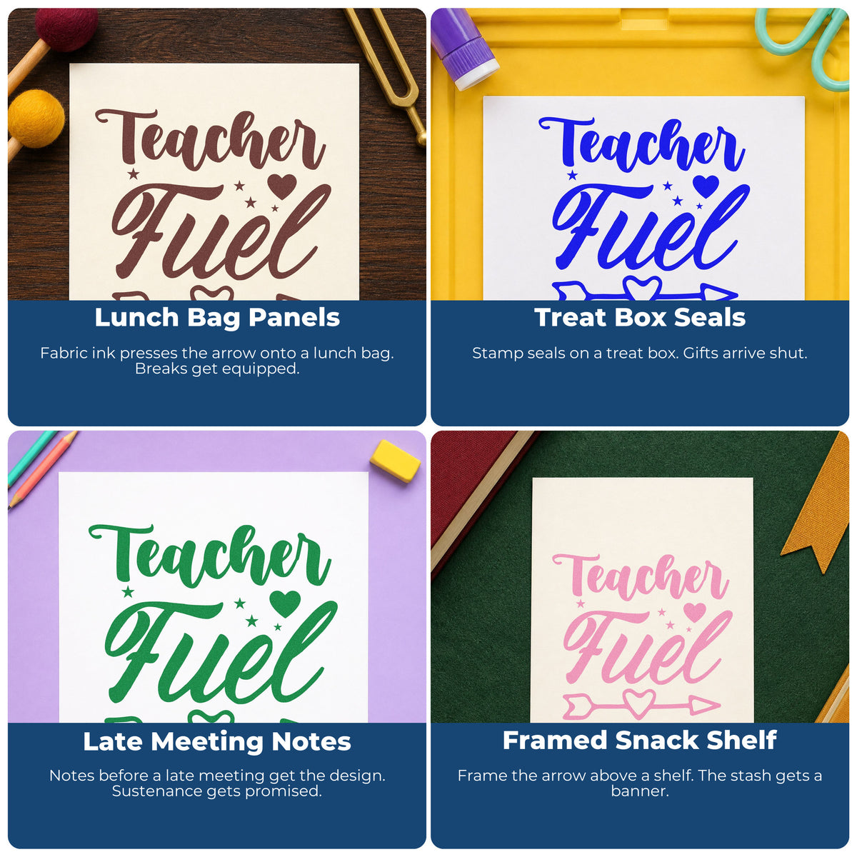 Four ways to use the Premium Wooden Teacher Fuel Heart Arrow With Stars Stamp - Vintage Pro: lunch bag panels, treat box seals, late meeting notes and framed snack shelf.